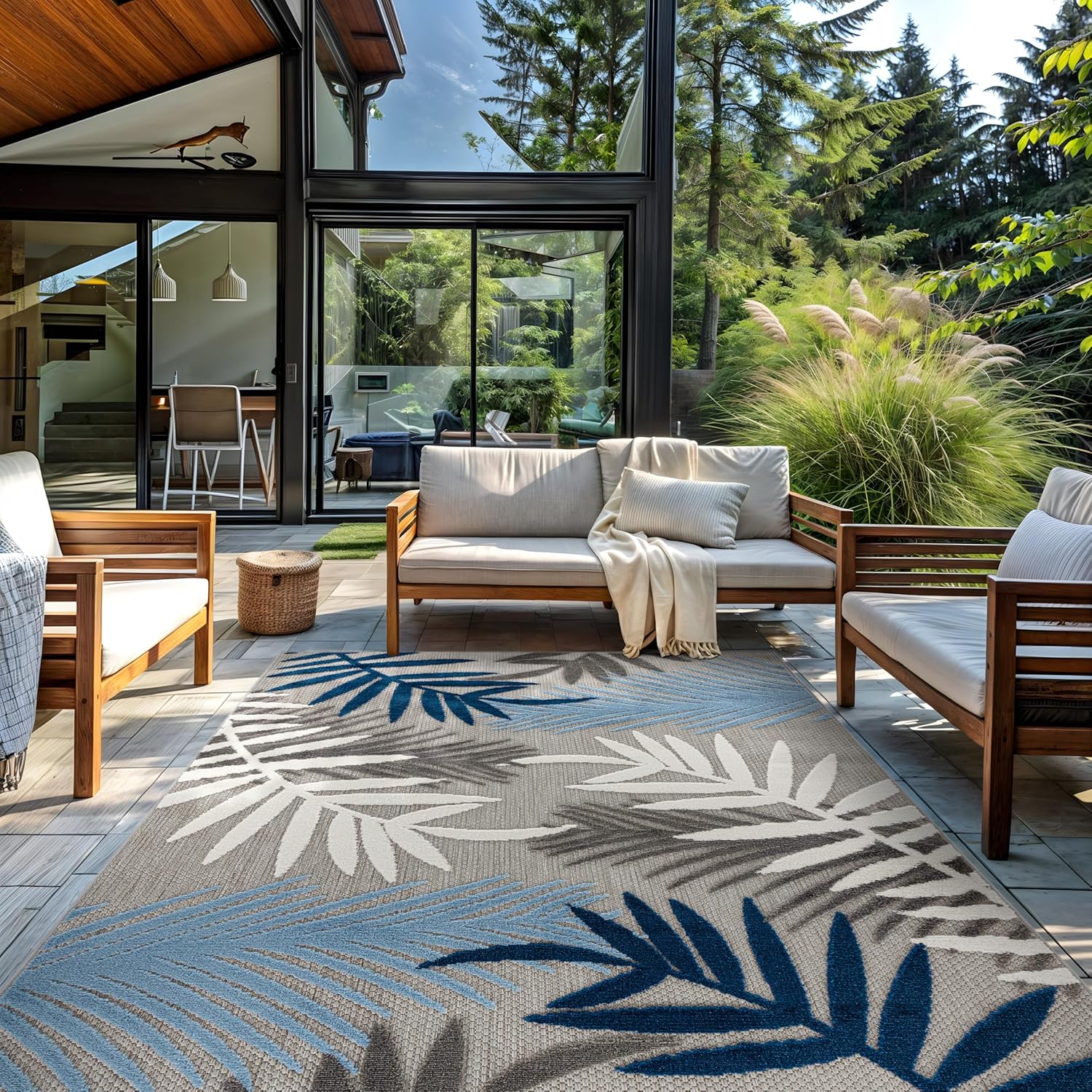 Rugshop Indoor/Outdoor Palm Leaf Area Rug, Non-Shedding Easy-Care Design for Backyard, Deck and Outdoor Lounge, Blue, 10' X 14'