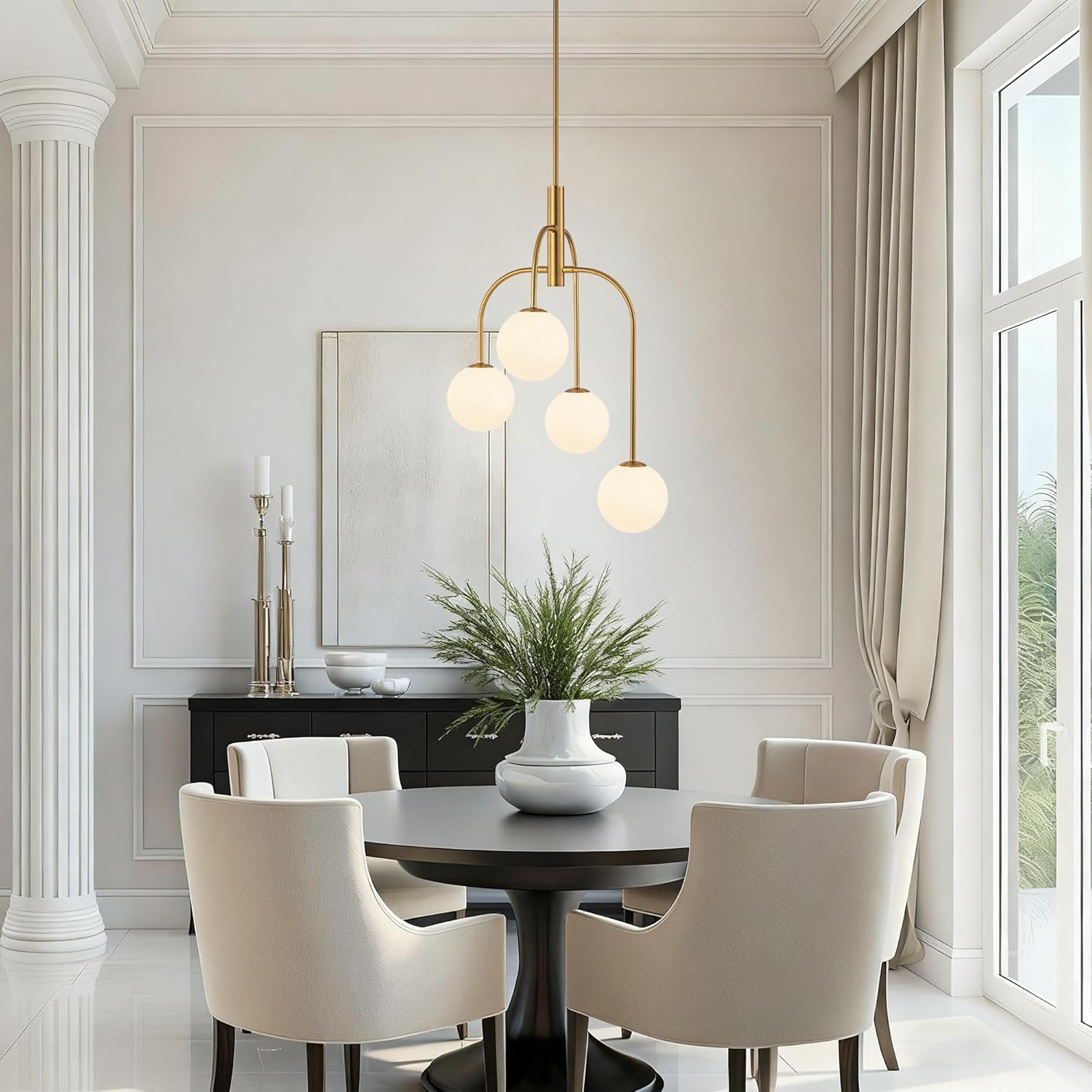 LamQee 4 Lights Mid Century Modern Chandelier, Milk Glass Globe Chandelier Light Fixture with Gold Metal & White Ball, Large Pendant Lighting Ceiling Hanging for Dining Room Kitchen Island Entryway