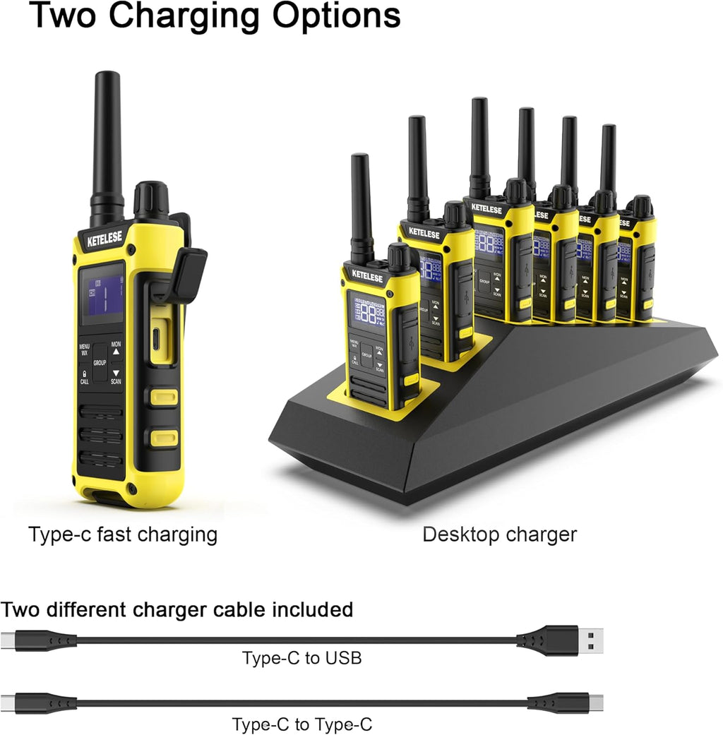KETELESE T3F IP67 Waterproof Walkie Talkies, Rugged Two Way Radio with Earpiece, Triple Proof, Three Charging Options, FRS 2 Way Radio 22 Channels, NOAA, VOX (6 Pack), Black/Yellow