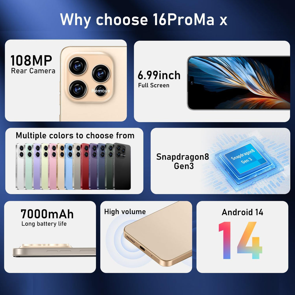 OEJBK 16PM Smartphone New Upgrade 16GB+512GB/6.99" Display 68+108MP Zoom Camera,Tempered Glass Finish, 7000mAh Android 14 Smartphone (Gold)