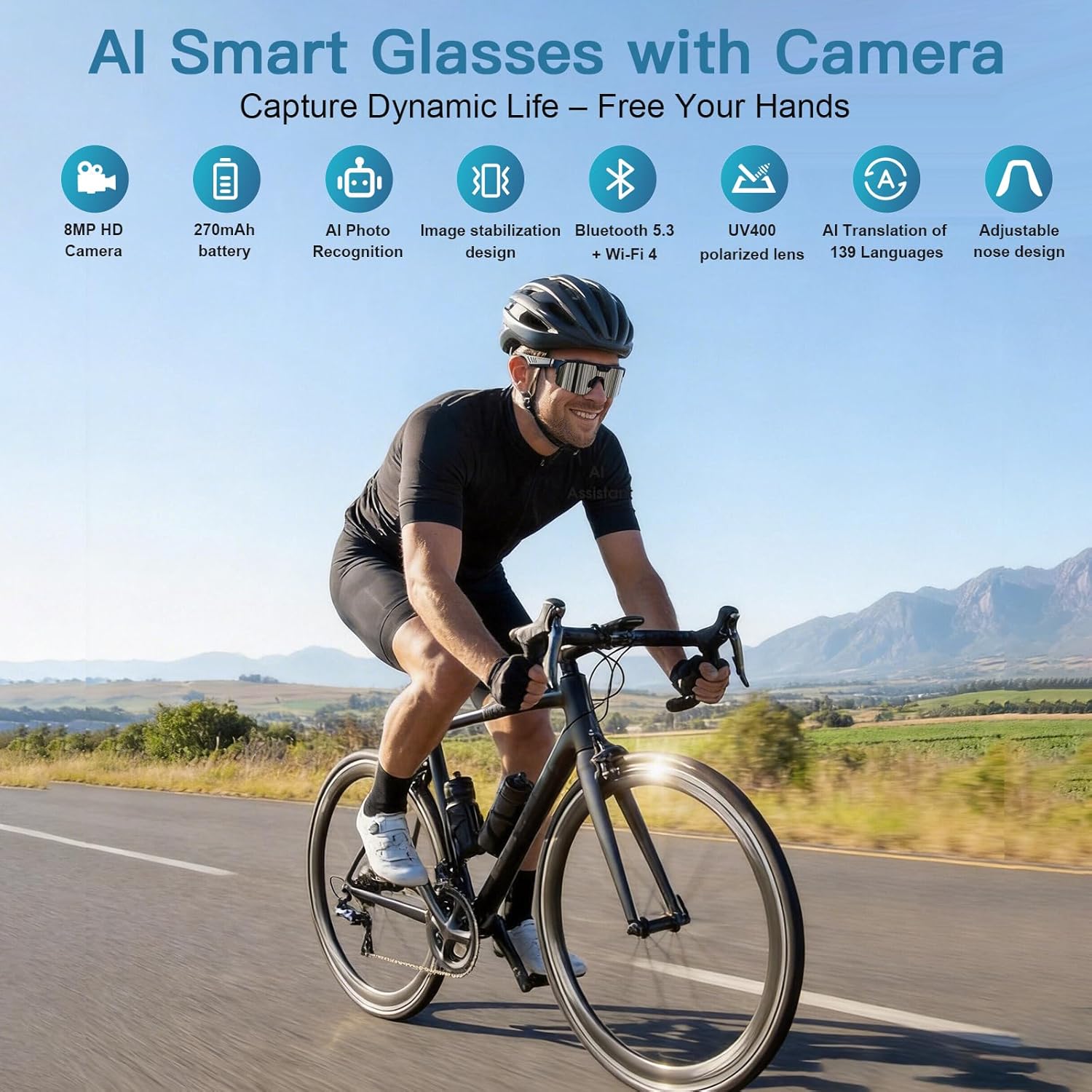 GenXenon AI Smart Glasses with Camera, 4K Video Recording Sunglasses with Camera, UV400 Polarized, Voice Assistant & 6-Axis EIS Stabilization, Unisex Bluetooth Glasses for Cycling/Hiking/Baseball -S