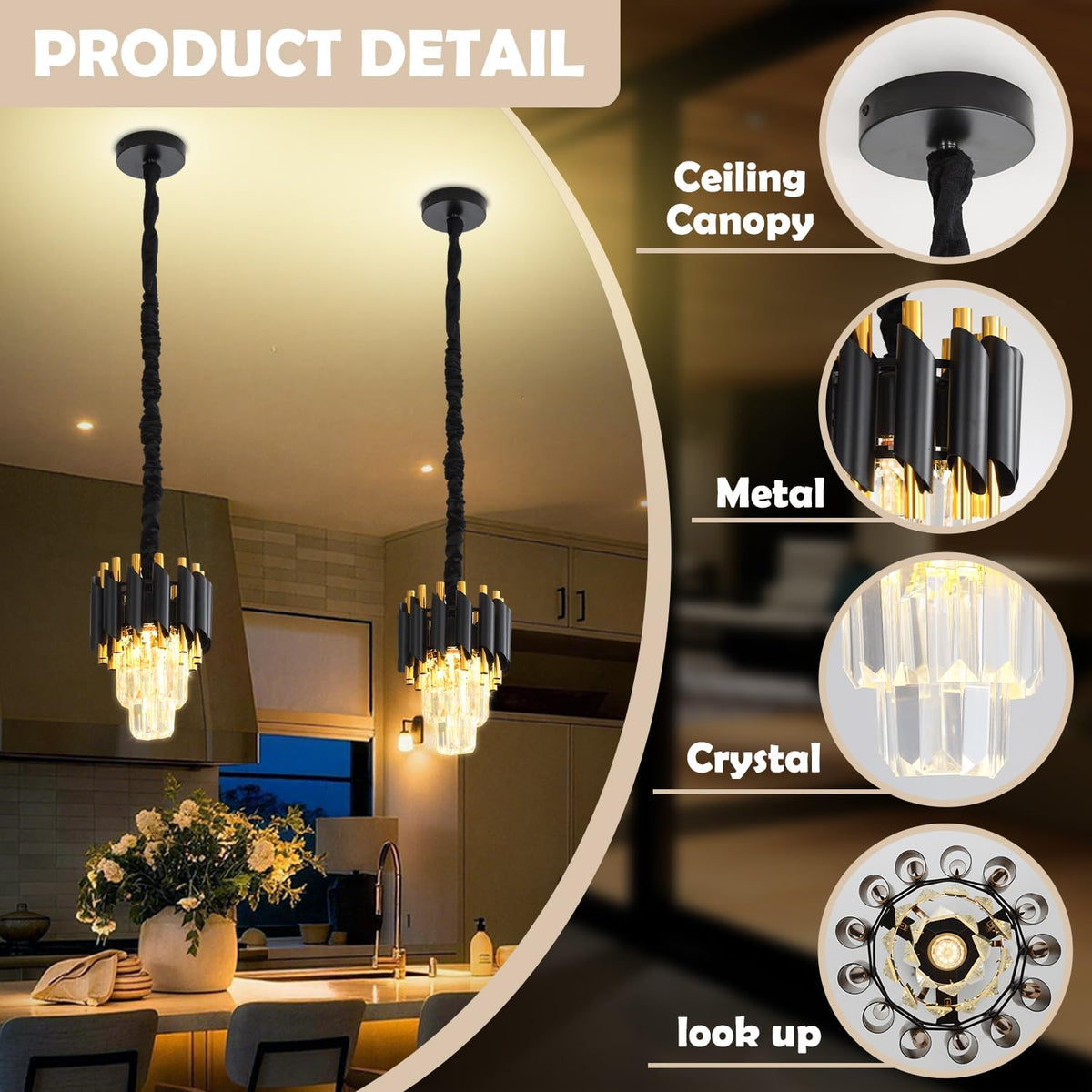 Modern Black Crystal Chandelier 2-Tier Round Pendant Lighting Light Fixture Chandelier for Kitchen Island Entryway Bathroom BedHead Bedroom