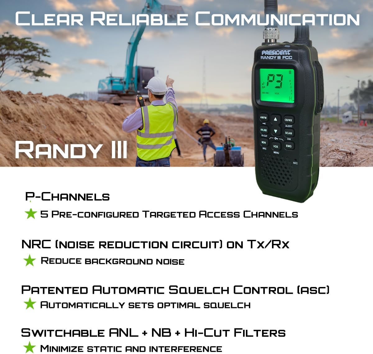 President Randy III FCC AM/FM Handheld CB Radio w/P Channels, NRC, Desktop Dock & Mobile Charge Module, 7Color Display, ASC, VOX, CTCSS/DCS, Weather Channel, Scan Skip, Flashlight, Key Lock (TXUS722)