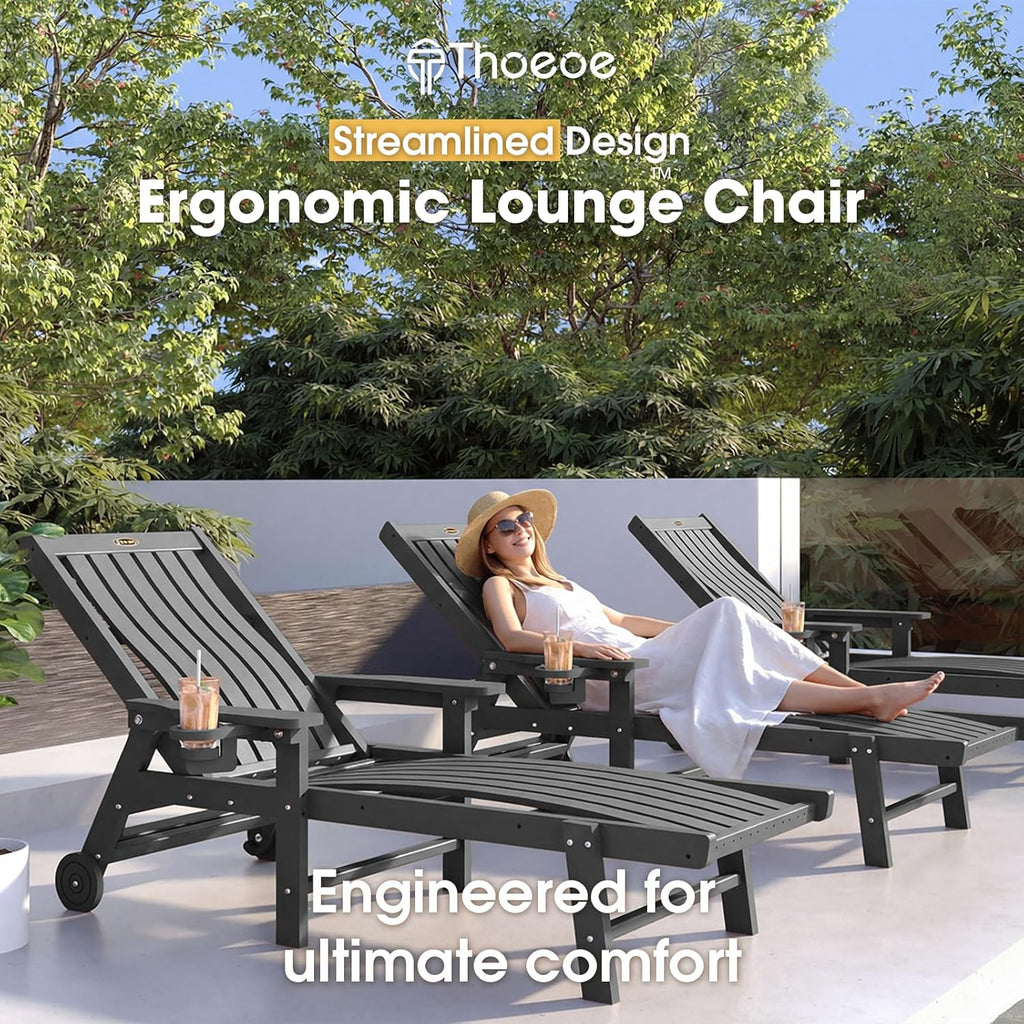 THOEOE Patio Chaise Lounge Chair, Lounge Chair Outdoor with 5 Positions, HDPE, Patio Lounge Chair with Wheels & Cup Holder for Pool, Deck, Poolside,Grey