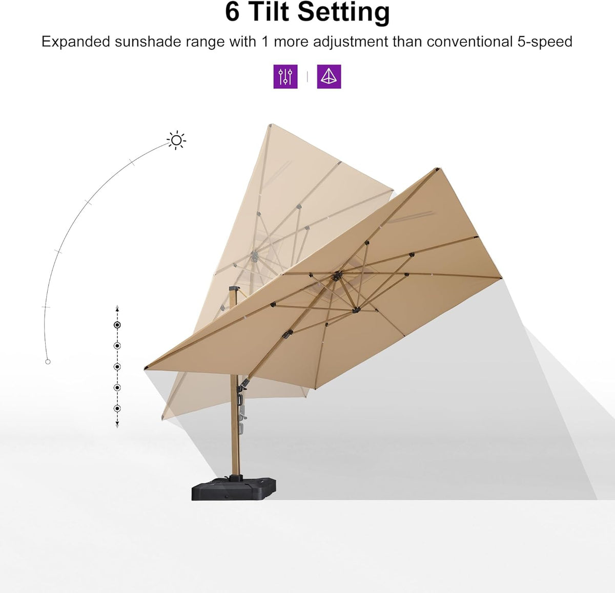 PURPLE LEAF 12FT Patio Umbrella With Base Square Cantilever Umbrella Teak Finished Aluminum Frame Large Windproof Offset Outdoor Sun Umbrellas for Beach Pool Deck, Beige