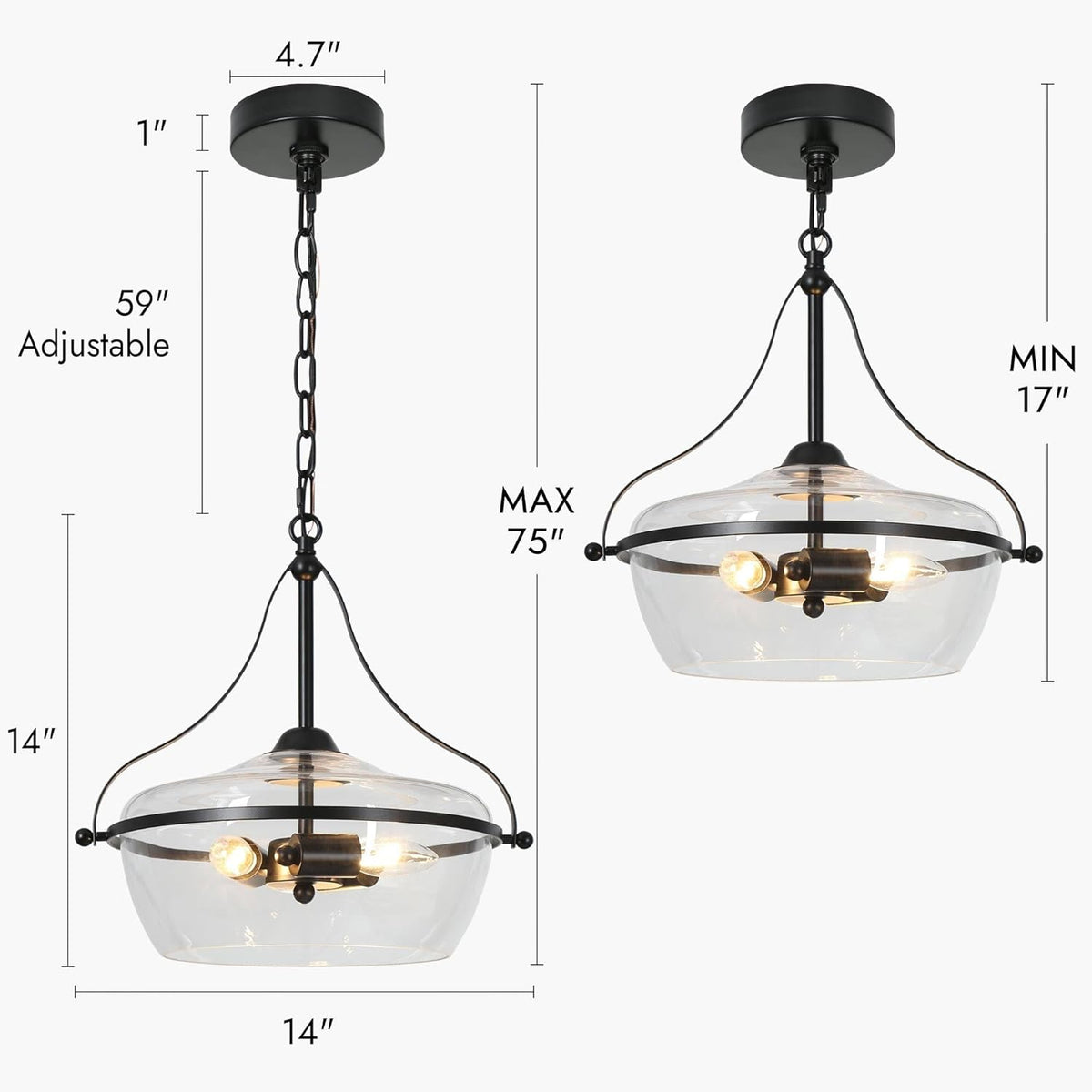 KSANA Black Glass Chandelier, Modern 3-Light Pendant Lighting Fixture for Dining Room, Kitchen, and Bedroom