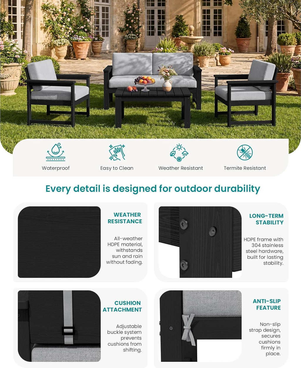 SERWALL 2 Pieces Single Cushioned Lounge Chair, Black HDPE Outdoor Adirondack Sofa Armchair with Grey Cushion