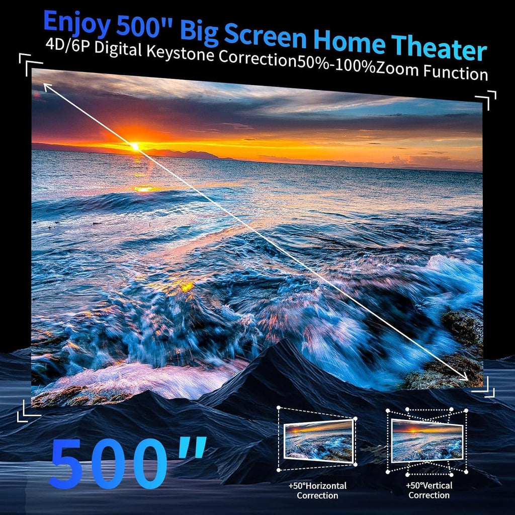2000 ANSI Auto Focus  FHD 4K Outdoor Projector with WiFi and Bluetooth,4K Movie Projector, Auto Keystone 50% Zoom,30W Speaker,Dust-Proof,Home Theater Projector 4K+ for Phone/TV Sticks/PC/USB