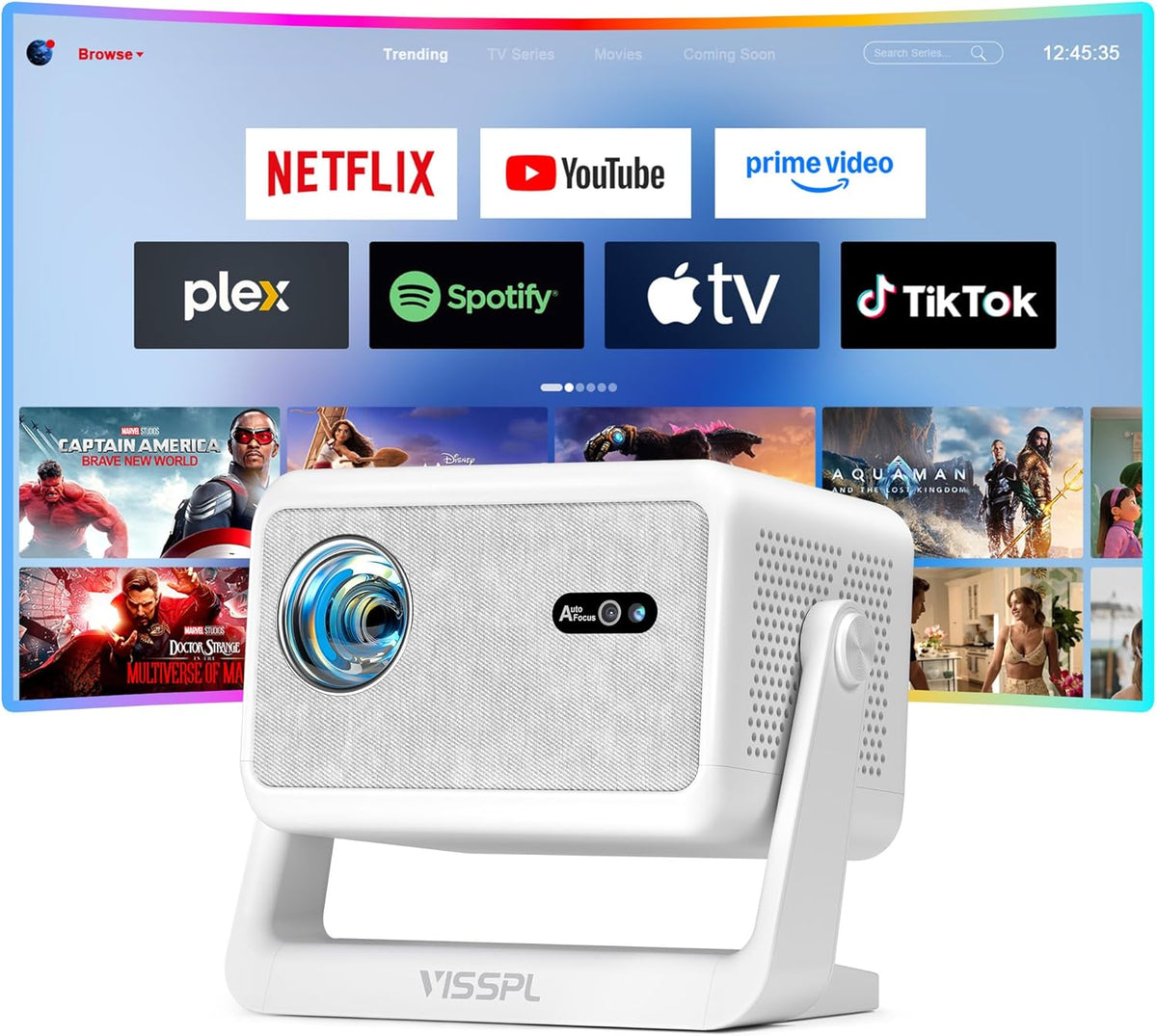 【Compatible with Netflix & Auto focus 】VISSPL Smart Projector with WiFi and Bluetooth, Auto Focus & Keystone Protable Mini Projector with Stand, 4K Home Theater Projector