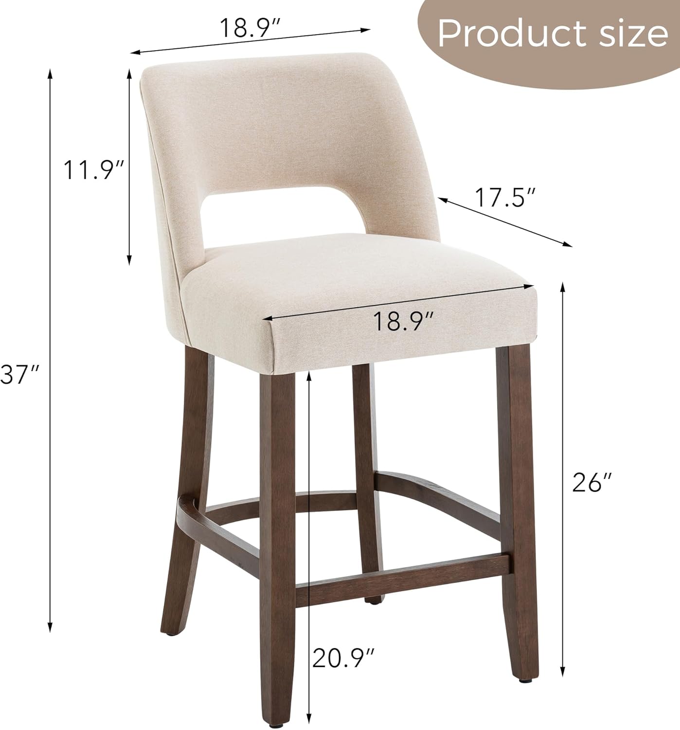 VKNOW Bar Stools Set of 4, 26" Upholstered Counter Height Bar Stools,Modern Counter Stools with Wood Legs for Kitchen Island Dining Room Bar,Beige