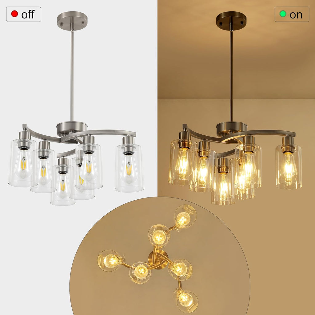 6 Light Modern Brushed Nickel Pendant Light Fixture for Dining Room .Kitchen Pendant Lighting Over Island .Adjustable Height Farmhouse Dining Chandeliers Over Table .with Glass Shade