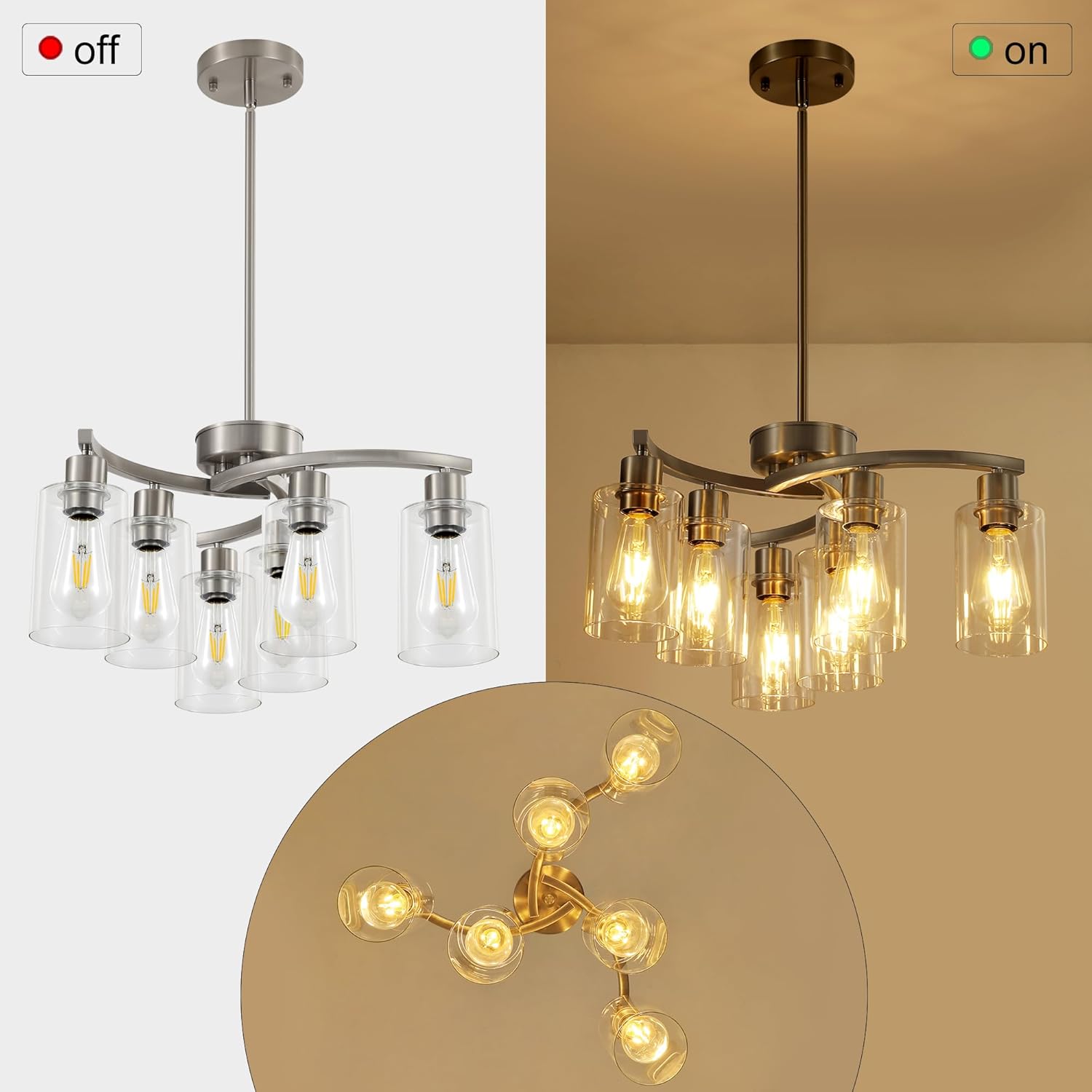6 Light Modern Brushed Nickel Pendant Light Fixture for Dining Room .Kitchen Pendant Lighting Over Island .Adjustable Height Farmhouse Dining Chandeliers Over Table .with Glass Shade