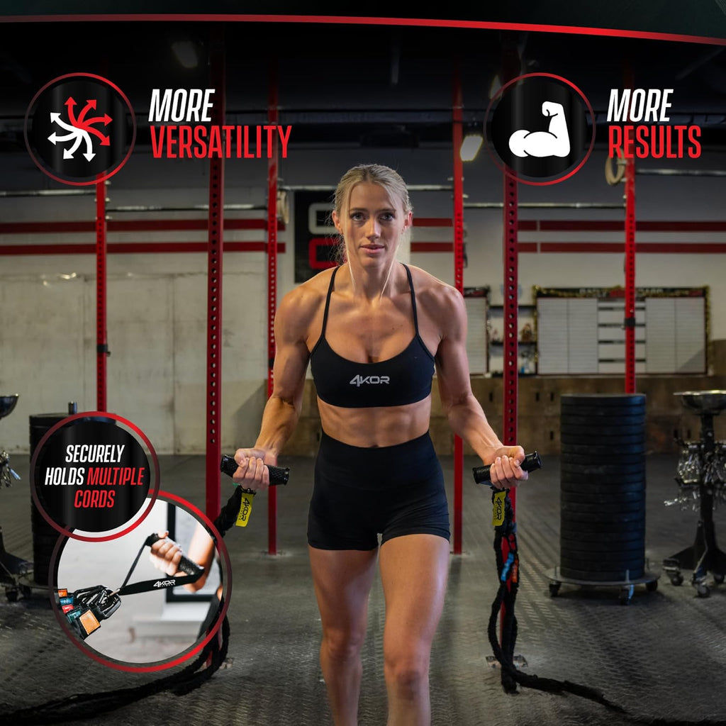 4KOR Deluxe Shoulder and Full Body Cross Anchored Resistance Cord System with Interchangeable Handles, Foot Straps, and Workout Guide. Exercise Bands with Nylon Sleeves, Anchors, and Carry Bag