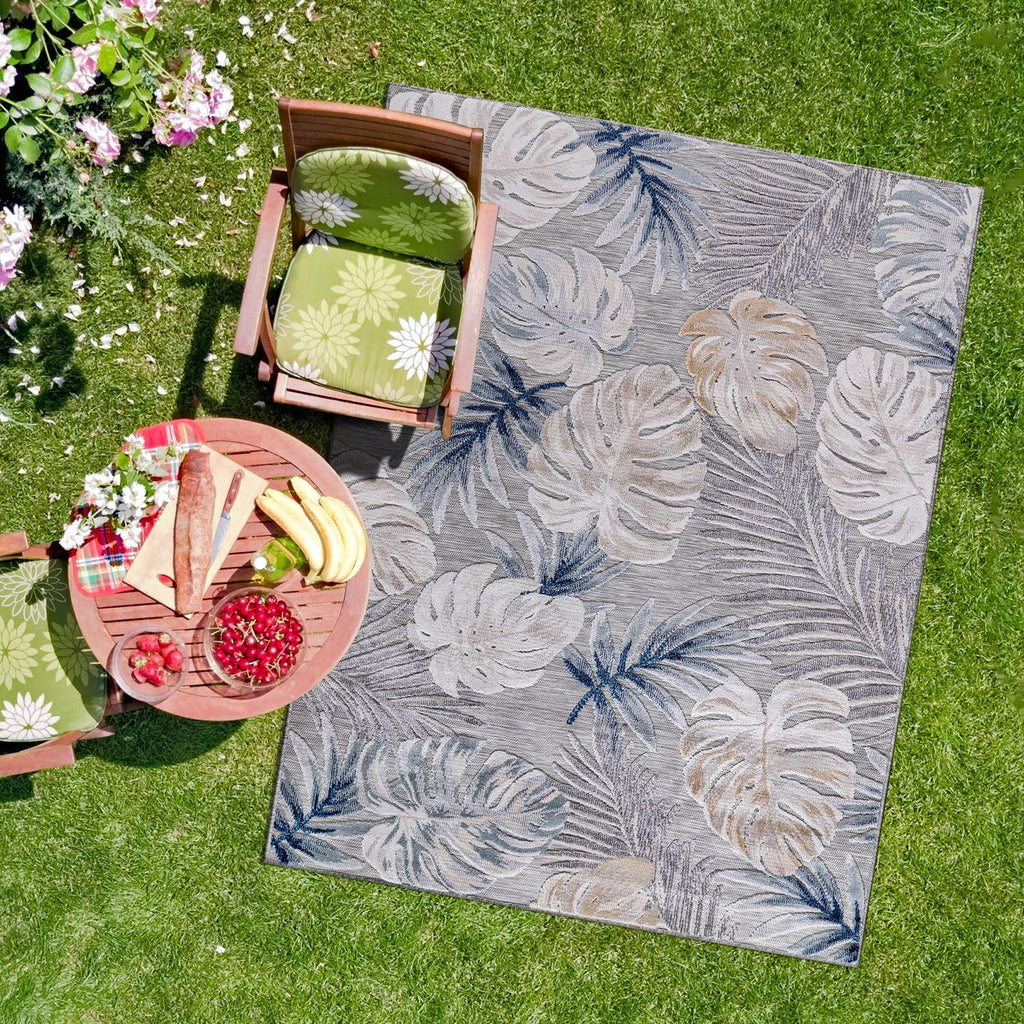 CAMILSON Indoor Outdoor Rug, Blue 7'10”x10' Leaf Tropical Botanical Area Rugs for Indoor and Outdoor patios, Easy-Cleaning Non-Shedding Living Room, Garden and Kitchen Washable Outside Carpet (8x10)