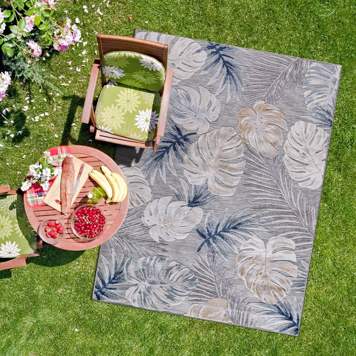 CAMILSON Indoor Outdoor Rug, Blue 7'10”x10' Leaf Tropical Botanical Area Rugs for Indoor and Outdoor patios, Easy-Cleaning Non-Shedding Living Room, Garden and Kitchen Washable Outside Carpet (8x10)
