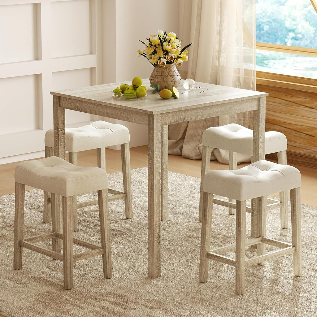 Giantex 24" Bar Stools Set of 4, Upholstered Counter Height Saddle Bar Stools with Footrest and Wood Legs, Farmhouse Button Tufted Backless Barstools for Kitchen Island, Dining Room, Cafe, Beige