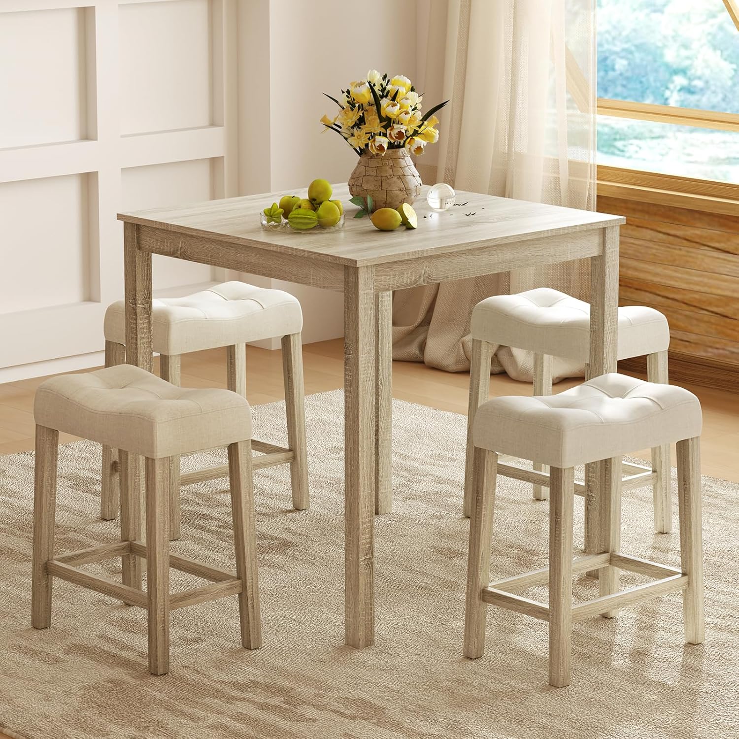 Giantex 24" Bar Stools Set of 4, Upholstered Counter Height Saddle Bar Stools with Footrest and Wood Legs, Farmhouse Button Tufted Backless Barstools for Kitchen Island, Dining Room, Cafe, Beige