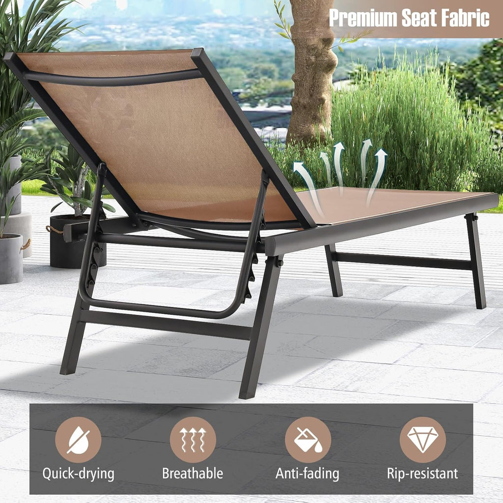 Tangkula 3 Piece Patio Chaise Lounge Set, Aluminum Patio Recliner with Coffee Table, 6-Level Backrest Adjustment, Outdoor Lounge Chair & Side Table Set for Poolside, Backyard (Brown)