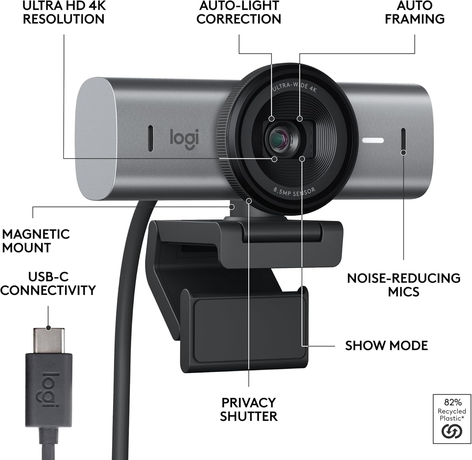 Logitech MX Brio Ultra HD 4K Webcam for Collaboration and Streaming, 1080p 60 FPS, Show Mode, Works with Microsoft Teams, Zoom, Google Meet, Nintendo Switch 2, Graphite