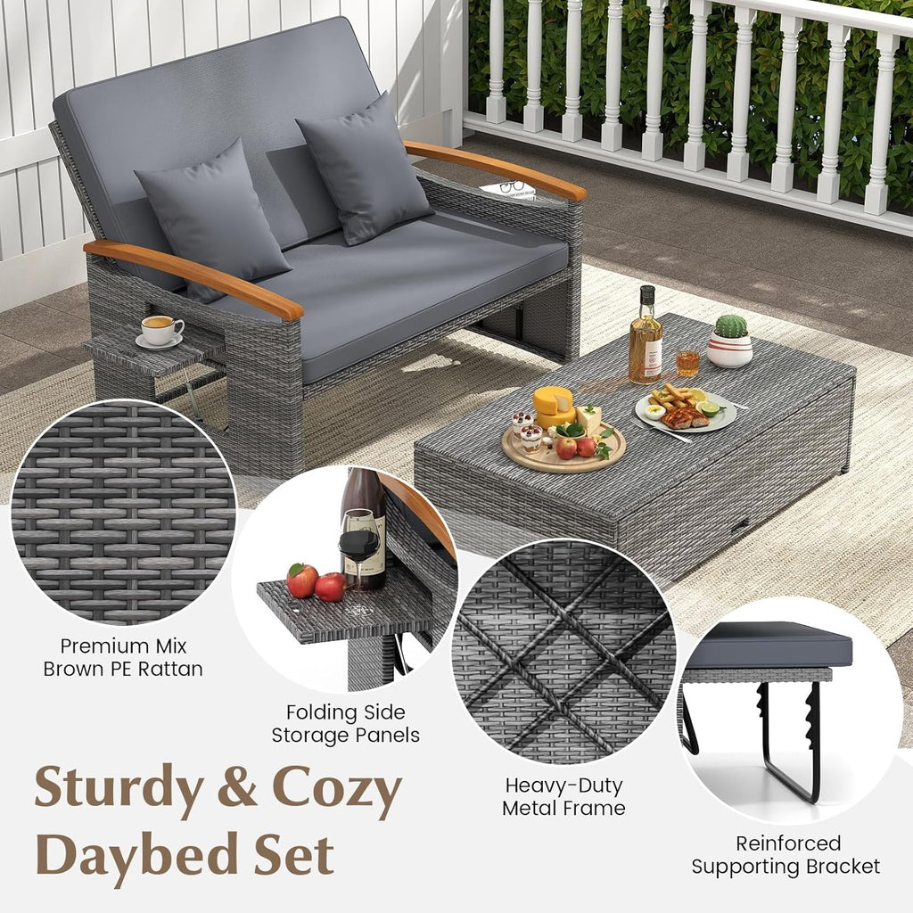 COSTWAY Patio Rattan Daybed, Outdoor Loveseat Sofa with Storage Ottoman, 4-Level Adjustable Backrest & Acacia Wood Armrest, Outdoor Wicker Daybed with Side Panels for Yard, Deck, Poolside (Mix-Grey)
