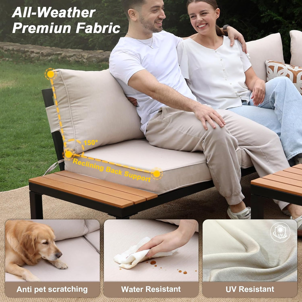 JOYURE 4-Piece Patio Furniture Set,Metal Outdoor Sectional Sofa with 3 Fauxwood Tables &Adjustable Reclining Chair,Patio Modular L Shape Sofa with Thickened Cushions for Backyard,Deck,Balcony,Beige