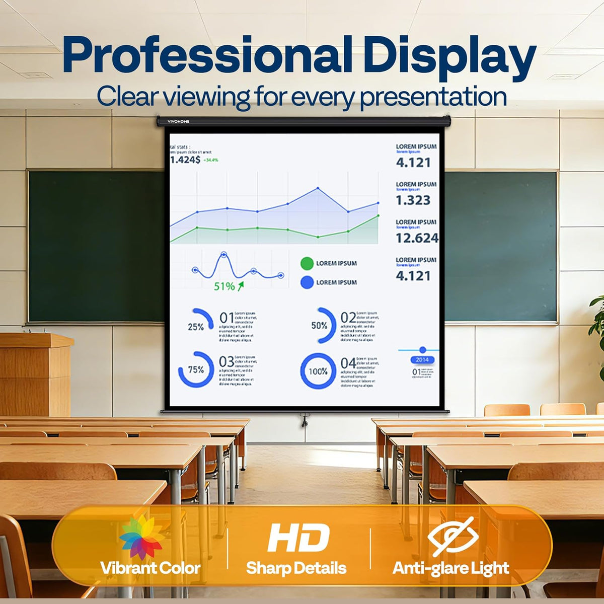 VIVOHOME 120 Inch 1:1 Pull Down Projector Screen, HD 4K Retractable Movie Screen for Indoor Home Theater and Office, Manual Projection Screen with Auto Locking (84Wx84H Inch Display Area), Black