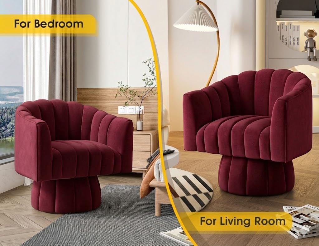 Dewhut Swivel Accent Chair, 360° Swivel Barrel Chair with Armrest, Velvet Upholstered Single Sofa Reading Chair for Living Room,Bedroom,Waiting Room(Red)