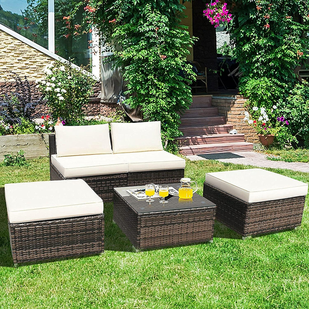 HAPPYGRILL 5 Pieces Chaise Lounge Set with Ottoman & Coffee Table Outdoor Rattan Wicker Lounge Chair Daybed Conversation Sofa Set with Cushions for Garden Balcony Poolside Backyard