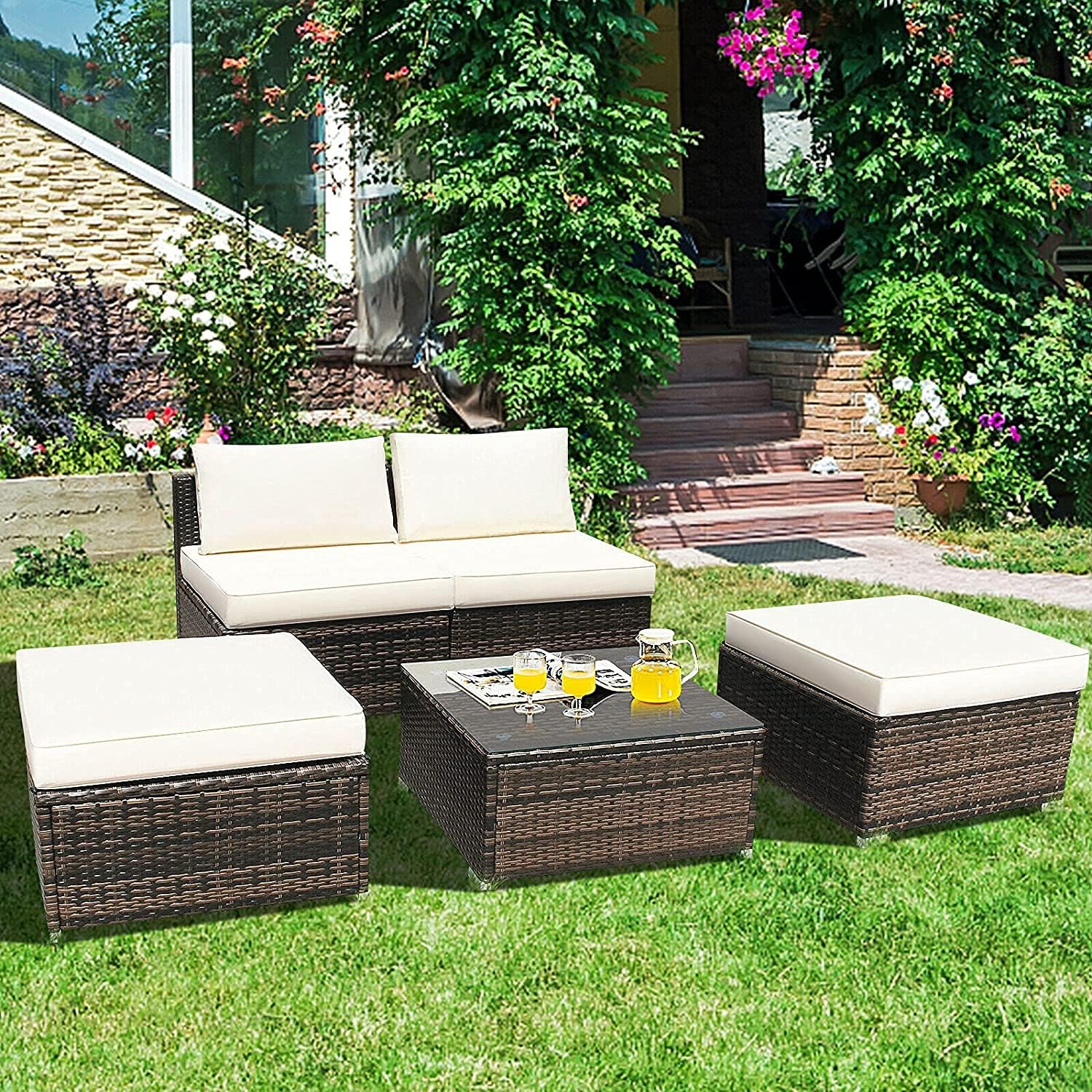 HAPPYGRILL 5 Pieces Chaise Lounge Set with Ottoman & Coffee Table Outdoor Rattan Wicker Lounge Chair Daybed Conversation Sofa Set with Cushions for Garden Balcony Poolside Backyard