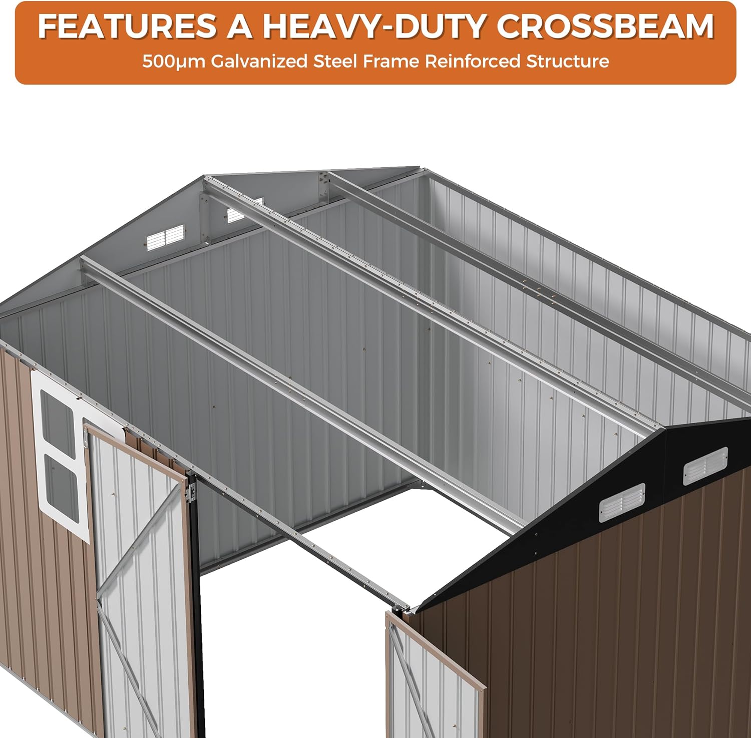 IRONCK 10x8.2 FT Storage Shed with Clear Window, Outdoor Tool Shed with Lockable Doors and Breathable Ventilation, Metal Garden Storage with 9.5x8 FT Base for Generators/Bikes/Wheelbarrows, Brown
