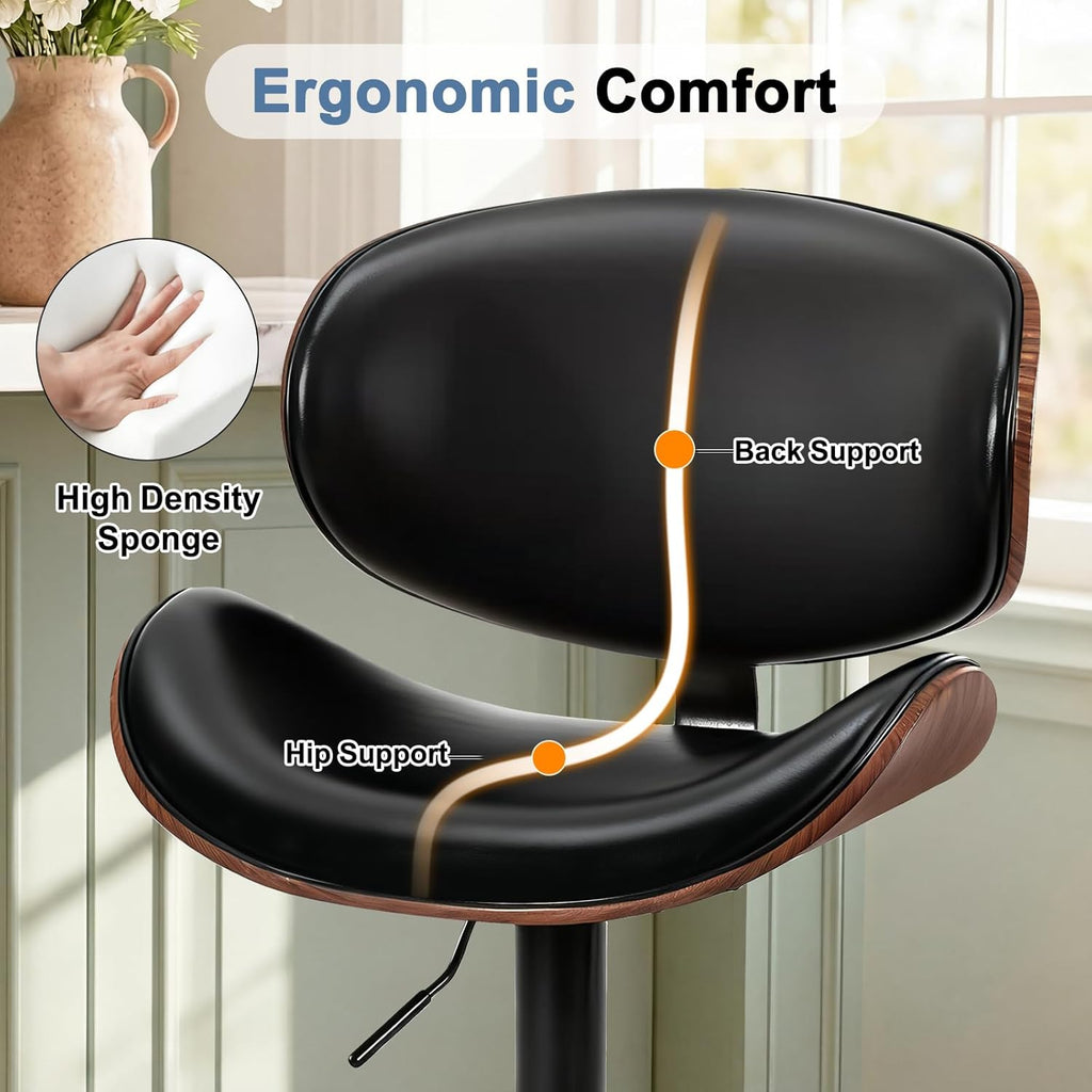DUMOS Swivel Bar Stools Set of 2, Adjustable Counter Height Bentwood BarStools, PU Leather Upholstery Bar Chair with Ergonomic Back and Footrest, Counter Stools for Bar, Home Kitchen Island, Black