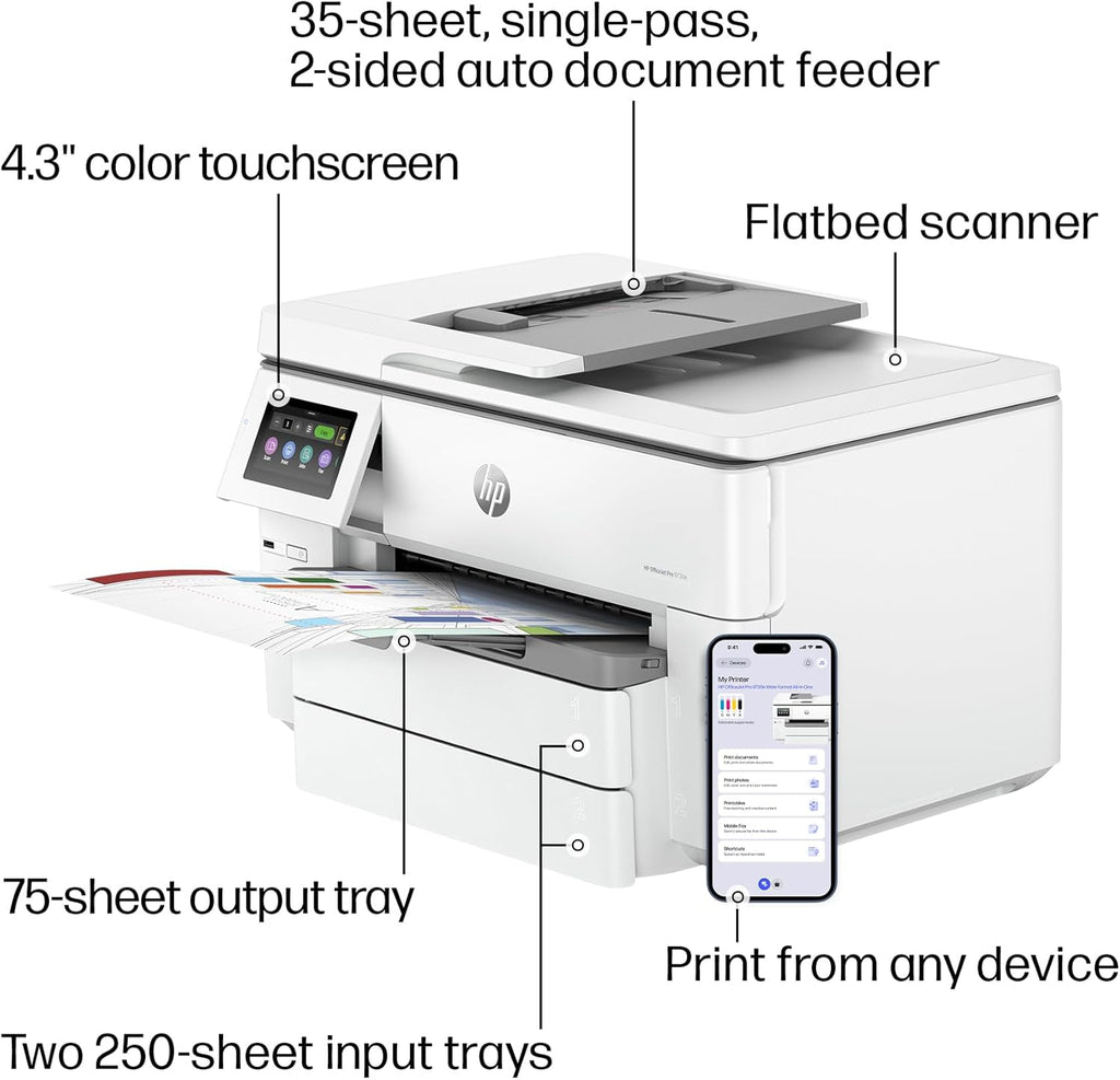 HP OfficeJet Pro 9730e Wide Format Wireless All-in-One Color Inkjet Printer, Print, scan, Copy, ADF, Duplex Printing Best-for-Office, 3 Month Instant Ink Trial Included, AI-Enabled (537P6A)