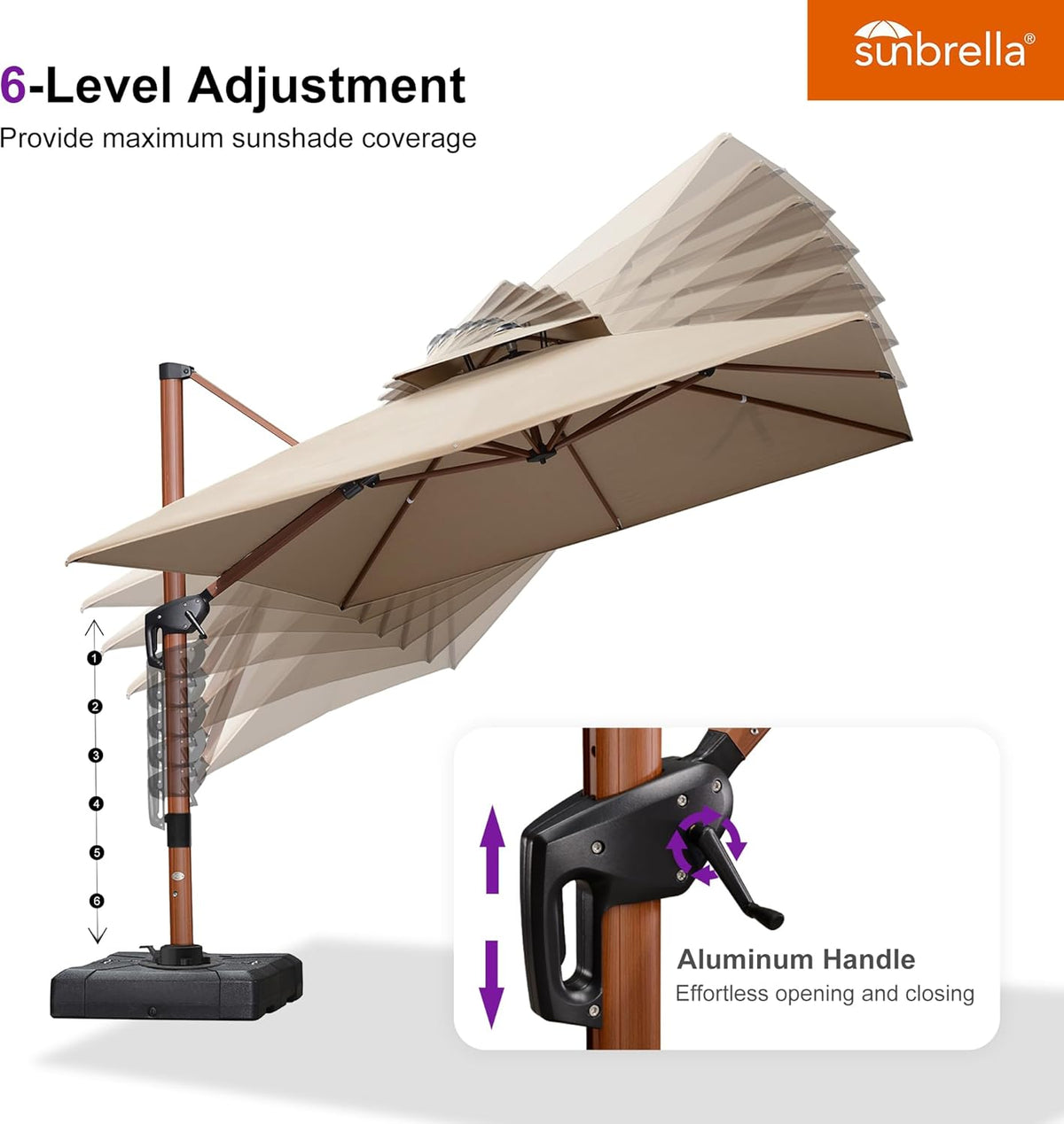 PURPLE LEAF 10' X 10' Patio Large Cantilever Umbrella Outdoor Square Wood Umbrellas Offset Umbrella Heavy Duty Sun Umbrellas for Garden Deck Pool, Spectrum Sand
