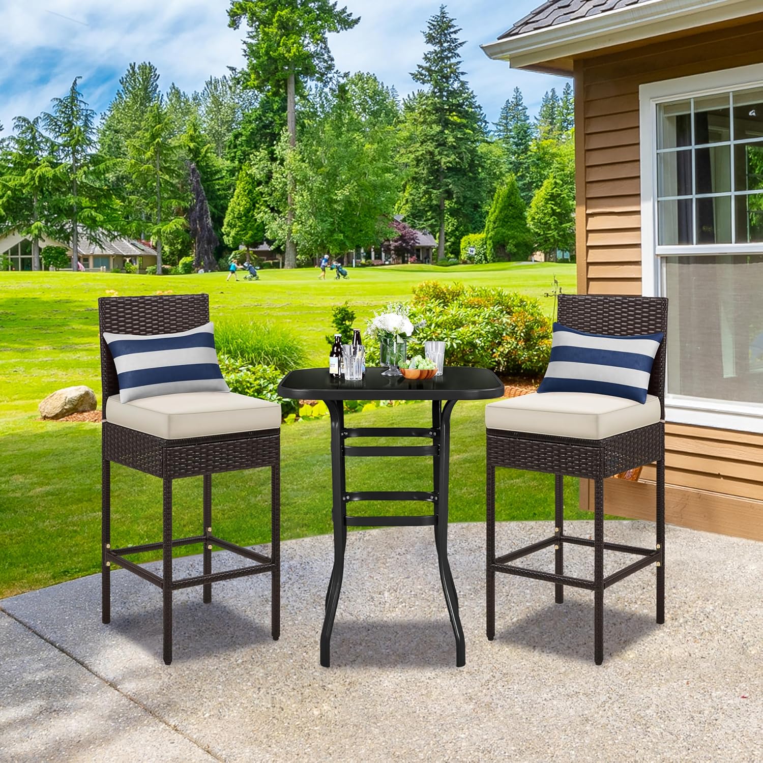 Yaheetech Set of 4 Patio Bar Stools, Outdoor PE Rattan Bar Height Chairs with Cushions & Footrests & Backrest for Indoor/Outdoor/Backyard/Porch, Max.Load 300Lb, Brown/Beige