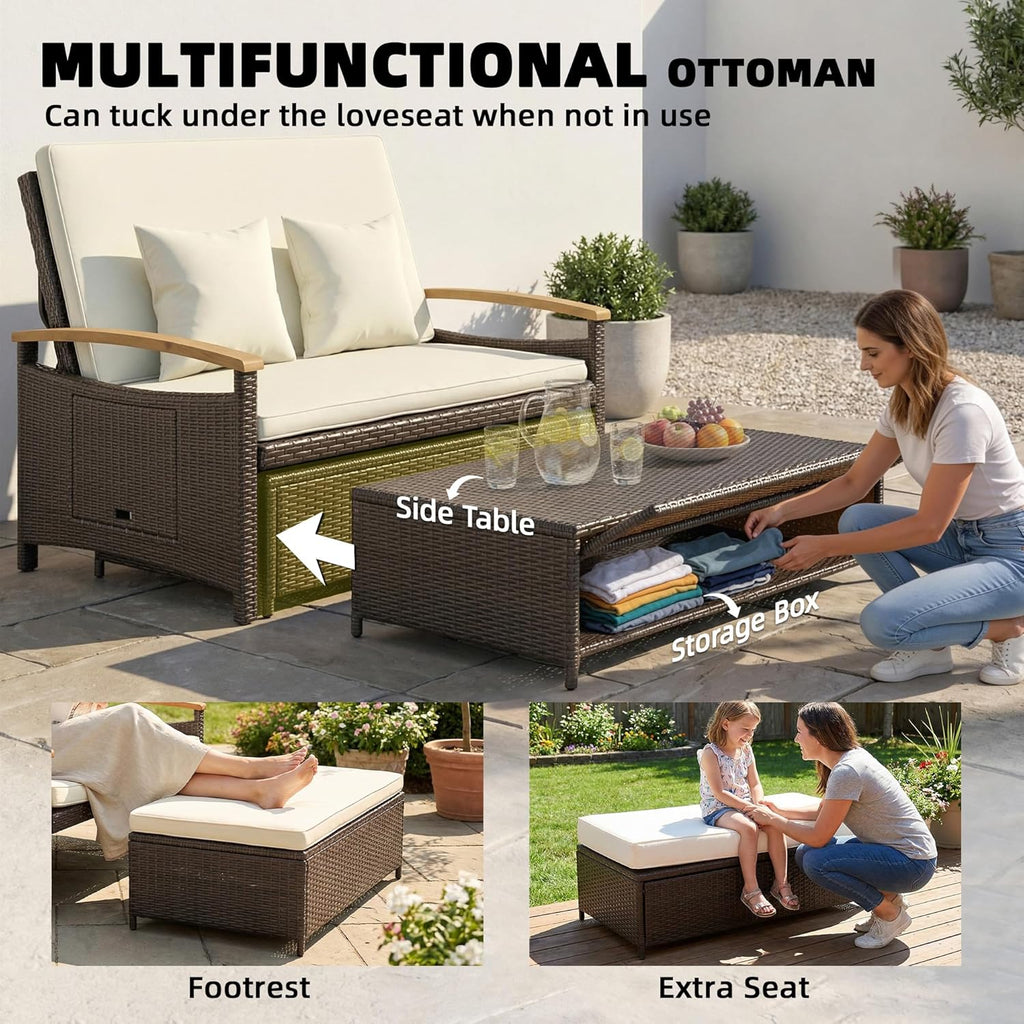 Outsunny Rattan Outdoor Daybed, PE Wicker Patio Loveseat with Storage Ottoman, 4-Level Adjustable Back, Folding Side Trays, Acacia Wood Armrest, Double Sun Lounger with Cushions, Pillows, Beige