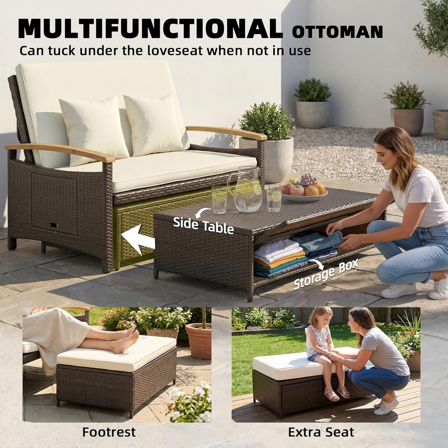 Outsunny Rattan Outdoor Daybed, PE Wicker Patio Loveseat with Storage Ottoman, 4-Level Adjustable Back, Folding Side Trays, Acacia Wood Armrest, Double Sun Lounger with Cushions, Pillows, Beige