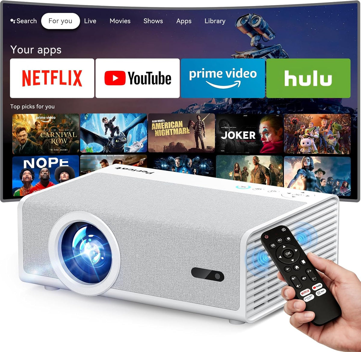 【Officially-Licensed APP & 1800 ANSI】Smart Projector with WiFi and Bluetooth, Pericat 4K Support Portable Outdoor Movie Bluetooth Proyector, Native 1080P Projector for Bedroom/ Home / Wall /Ceilling