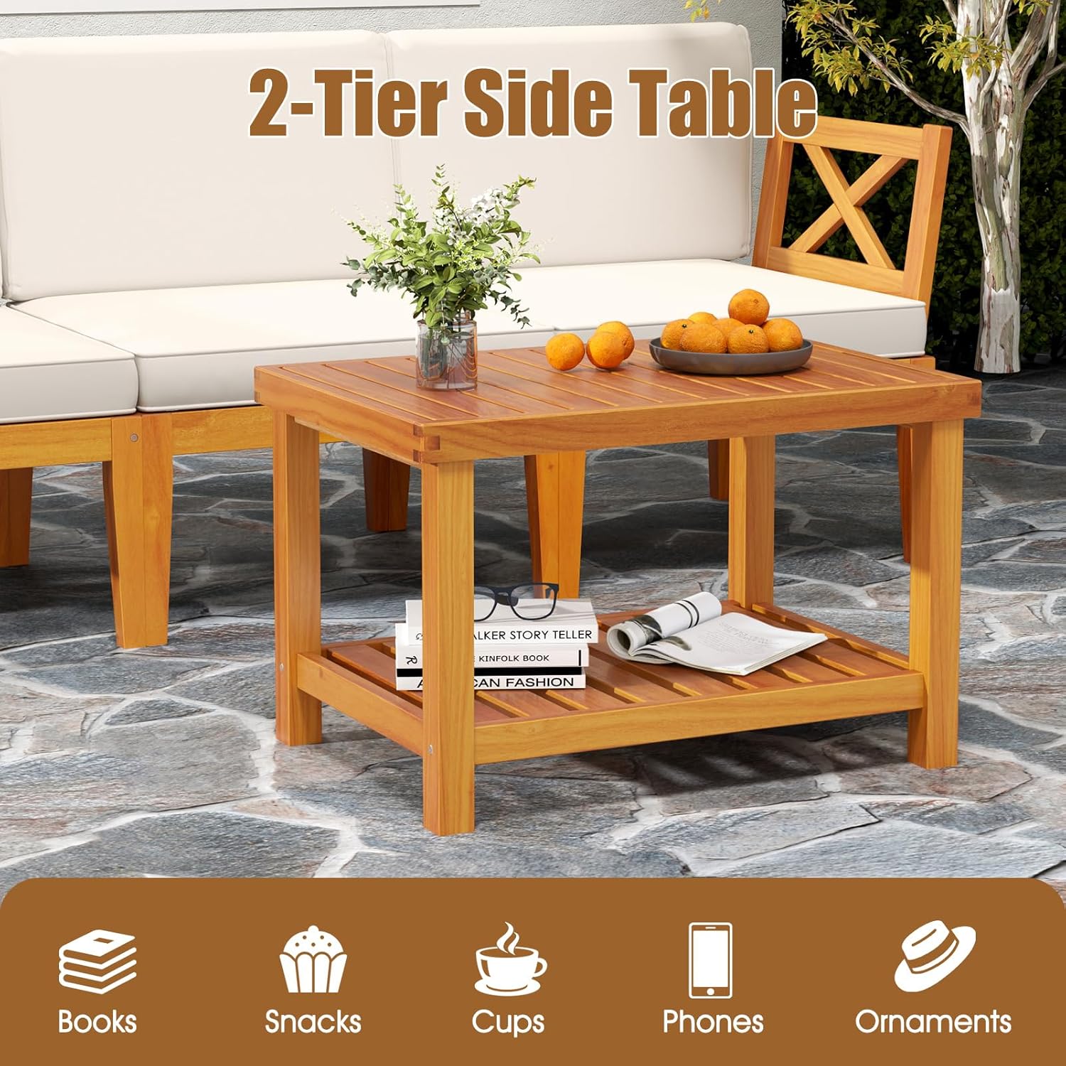 Tangkula 5 Pieces Patio Lounge Chair Set w/Ottomans, Acacia Wood Patio Conversation Set w/Cushions, Coffee Table, Modular Outdoor Lounge Sofa Set for Lawn, Backyard, Poolside