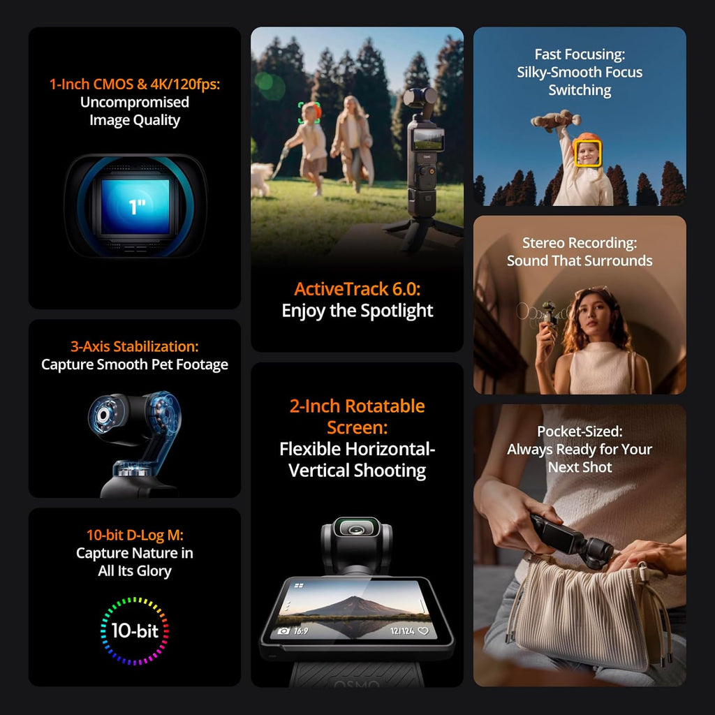 DJI Osmo Pocket 3 Creator Combo, 1'' CMOS, 4K Resolution/120fps Vlog Camera, 3-Axis Stabilization, Face/Object Tracking, Mic Included for Clear Sound, Digital Camera for YouTube