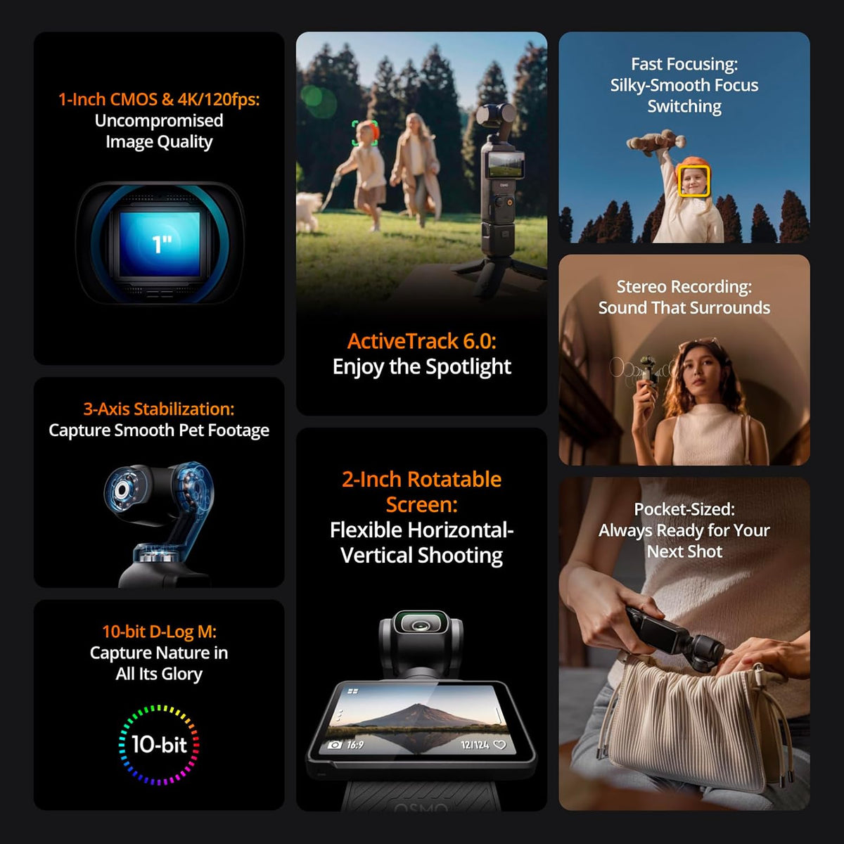 DJI Osmo Pocket 3 Creator Combo, 1'' CMOS, 4K Resolution/120fps Vlog Camera, 3-Axis Stabilization, Face/Object Tracking, Mic Included for Clear Sound, Digital Camera for YouTube