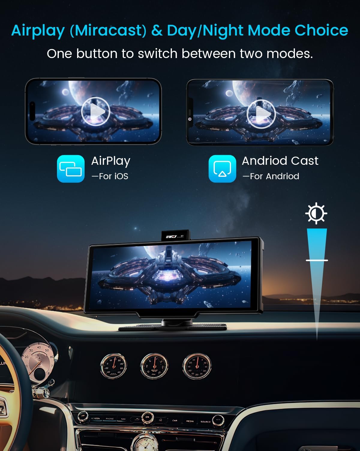 Portable Apple Carplay Screen, 10'' Car Stereo Wireless Car Play & Android Auto Touch Screen, 4K Dash Cam, 1080P Backup Camera, Mirror Link/Voice Control/Music Play/GPS Navigation