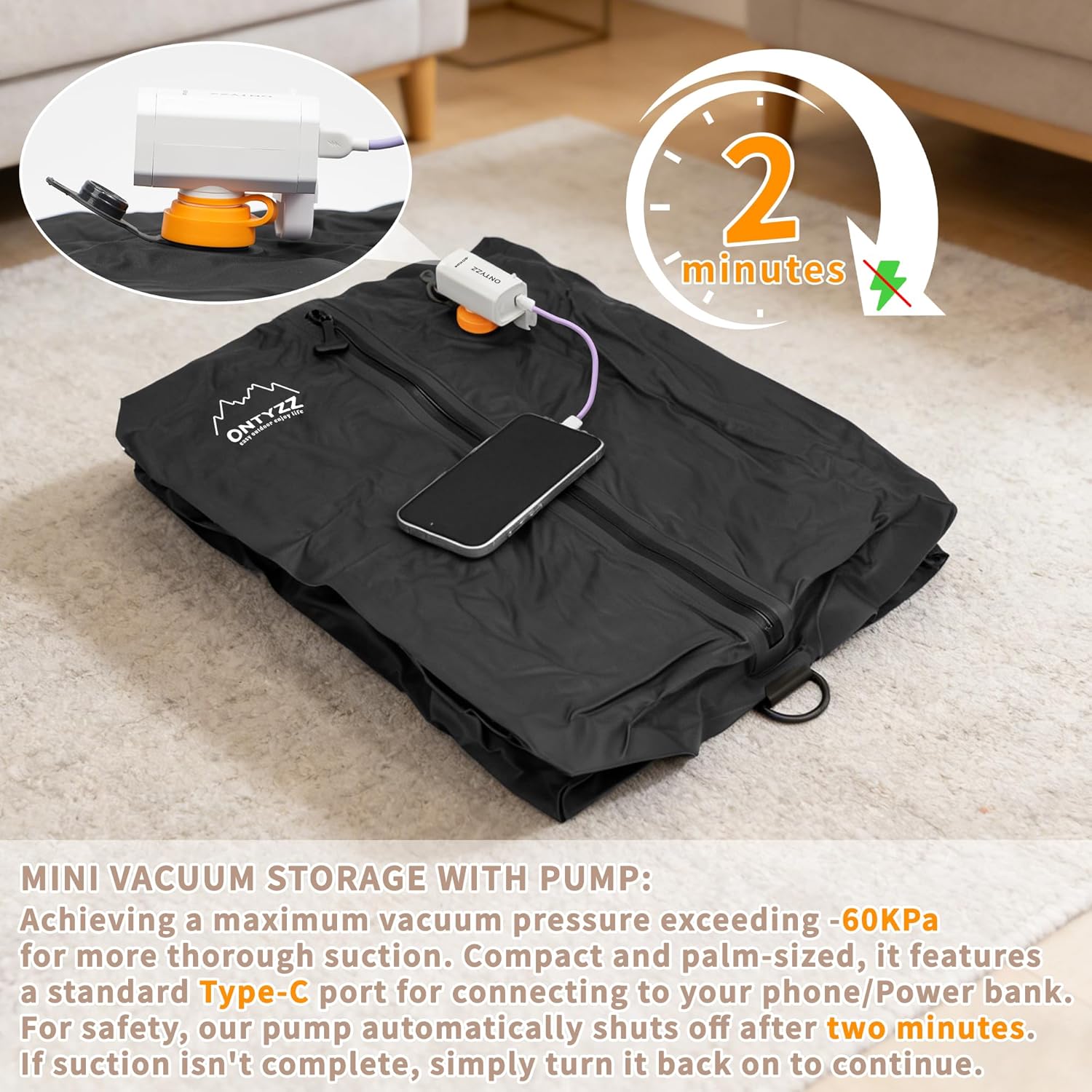 ONTYZZ Vacuum Bags for Travel, IPX8 Waterproof Space Saver Vacpack, GRS Certified Recycled Compression Bag with Pump (2PC Dark Black)