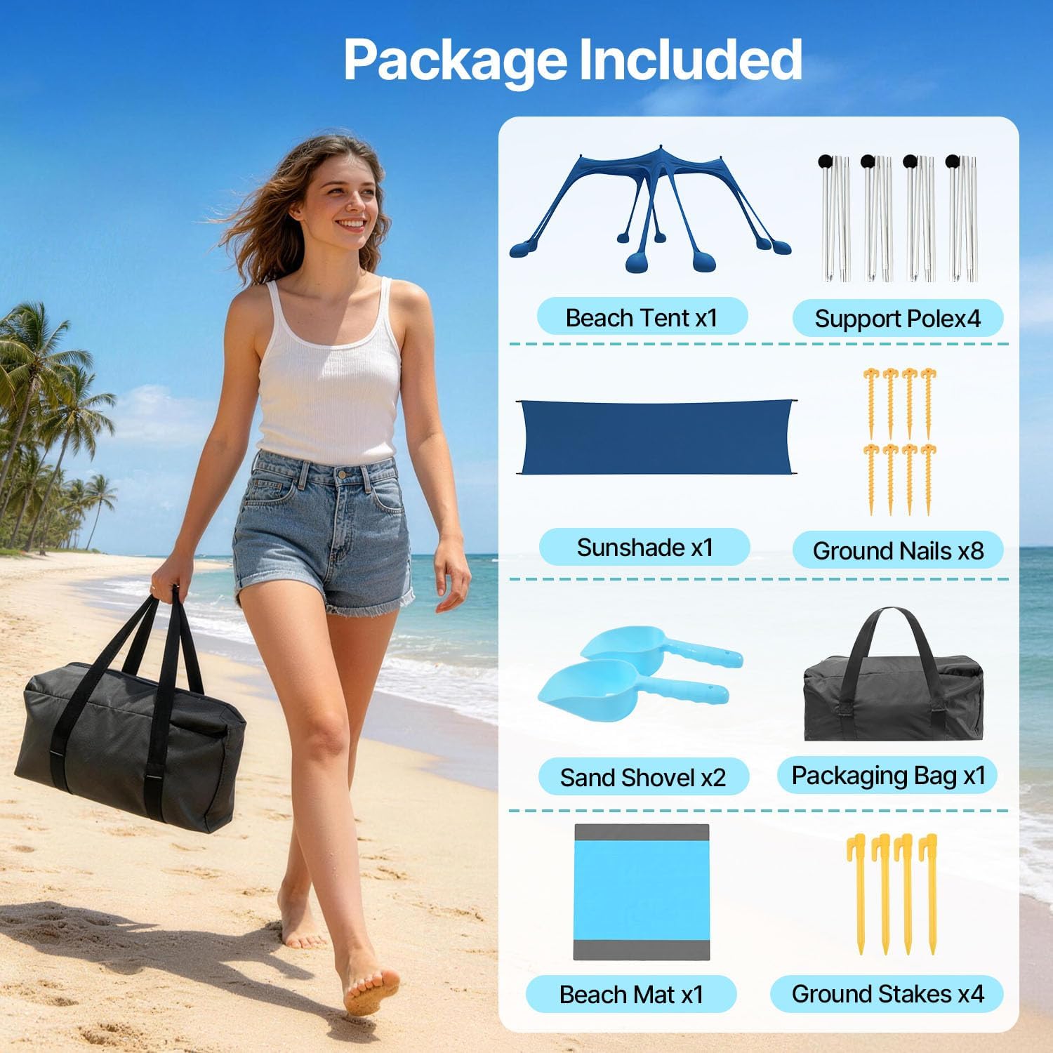 Suteck Beach Tent Sun Shelter with Sidewall, Easy Set Up 10x10ft Beach Canopy, Outdoor Sun Shade with UPF 50+UV Protection, 8 Sandbags, 4 Stability Poles for Camping, Fishing or Picnics(Navy Blue)