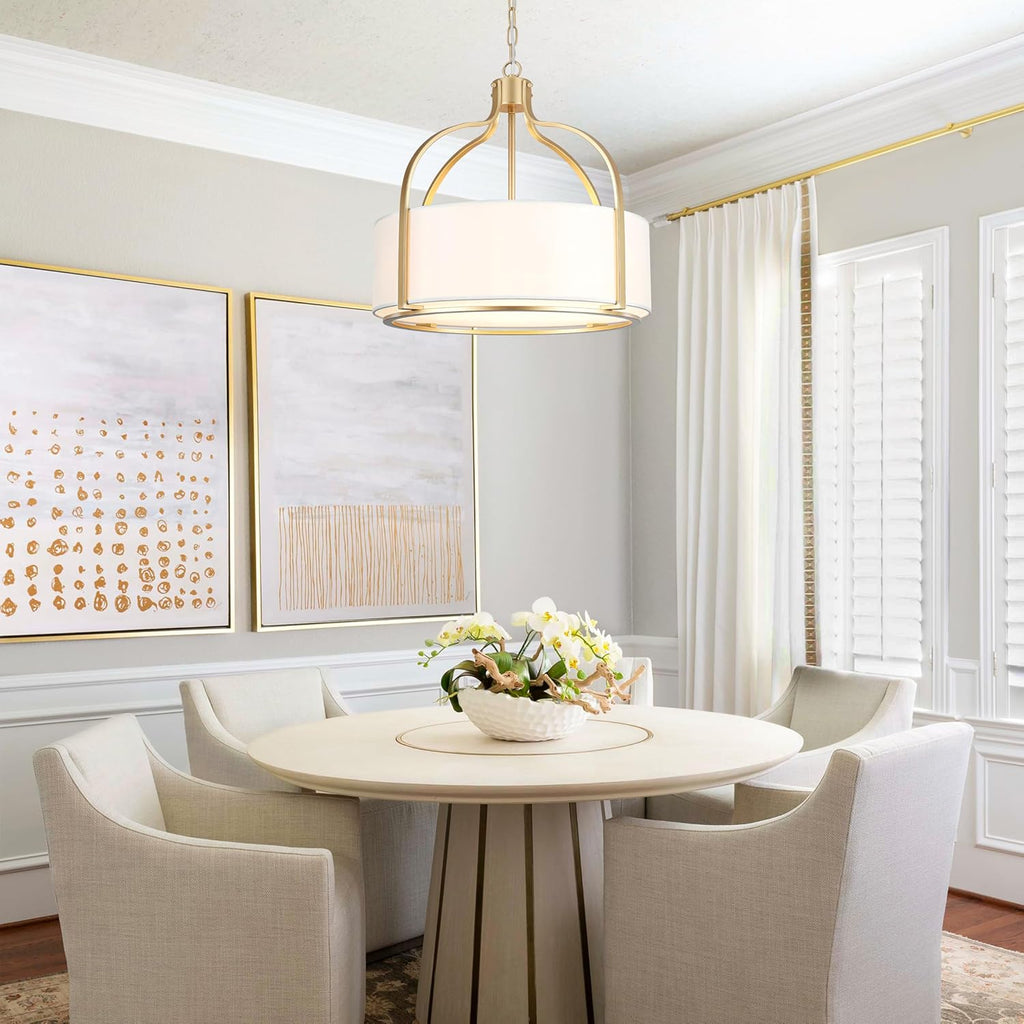 20.5'' Gold Drum Chandelier Light Fixture, 5-Light Large Modern Farmhouse Chandeliers for Dining Room Gold Drum Hanging Pendant Light with White Fabric Shade for Kitchen Living Room Foyer Bedroom