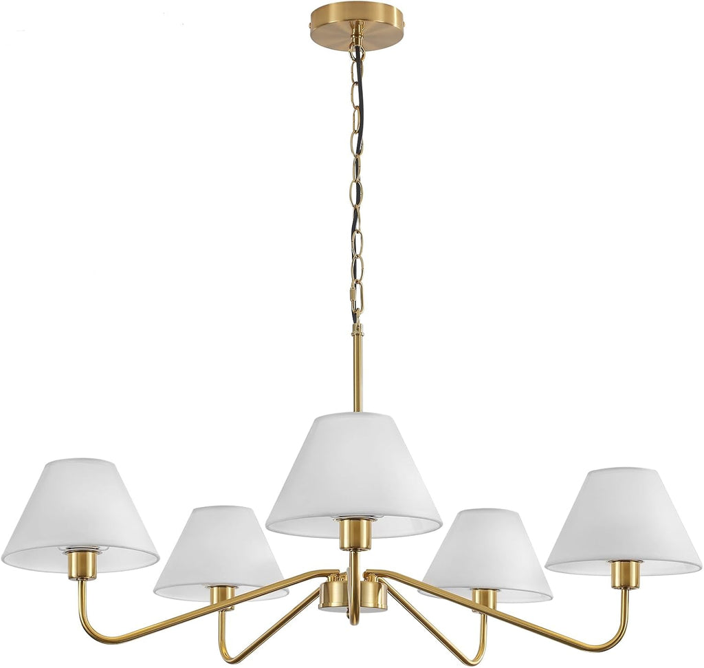 5-Light Gold Chandelier, 31.5" Brass Modern Chandeliers with White Fabric Shade, Classic Farmhouse Ceiling Light Fixture, Adjustable Pendant Light for Kitchen Living Room Dining Room Bedroom Entryway