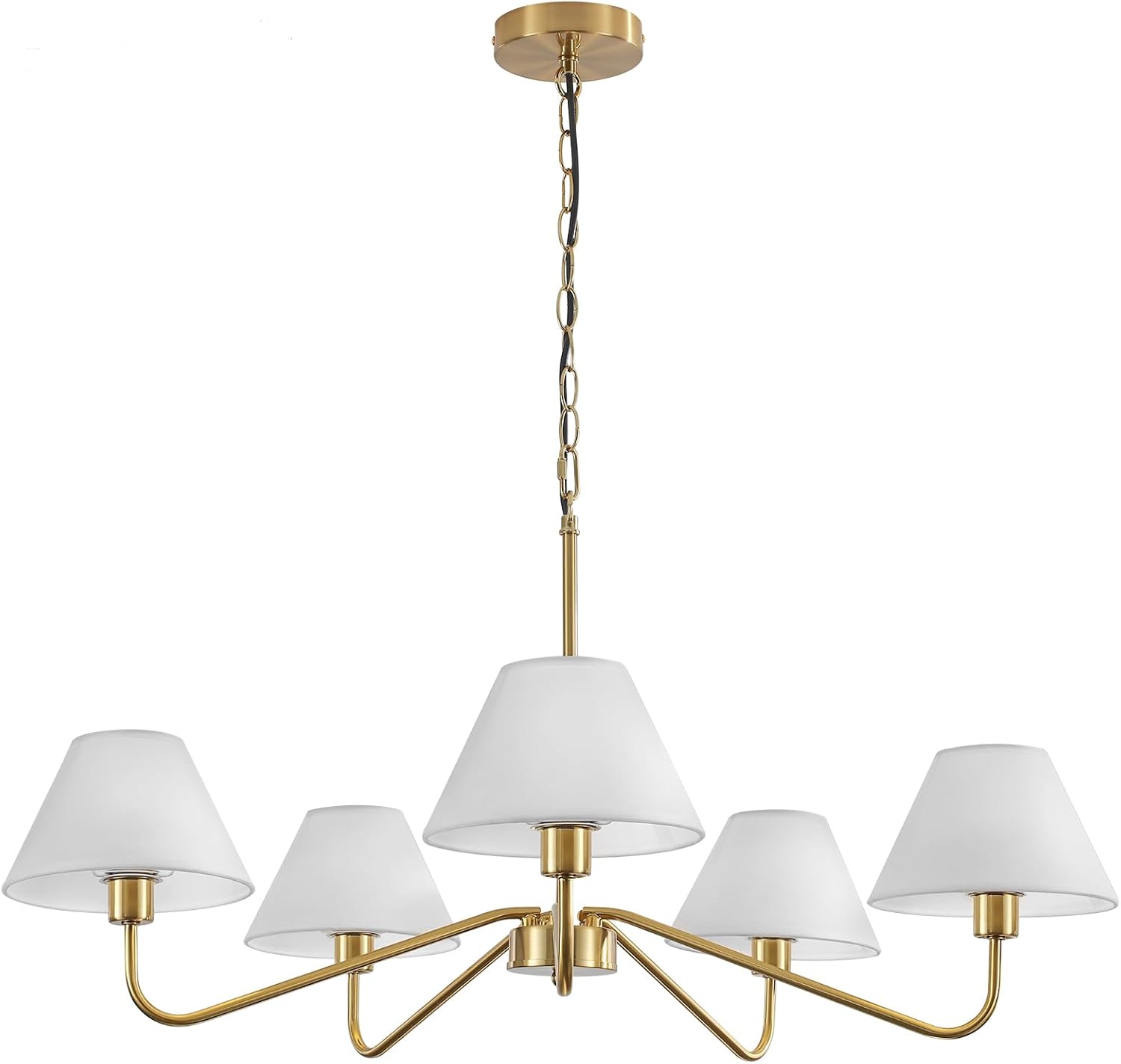 5-Light Gold Chandelier, 31.5" Brass Modern Chandeliers with White Fabric Shade, Classic Farmhouse Ceiling Light Fixture, Adjustable Pendant Light for Kitchen Living Room Dining Room Bedroom Entryway