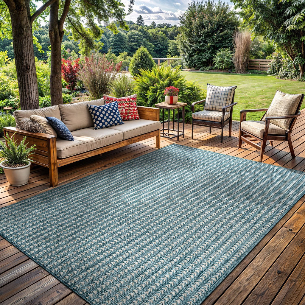 Washable Outdoor Rug 9x12 Modern Area Rugs Outdoor Carpets Striped Pattern Non Shedding Waterproof Easy Clean Patio Deck Porch Living Room Bedroom Garden RV (9 X 12 Aqua)