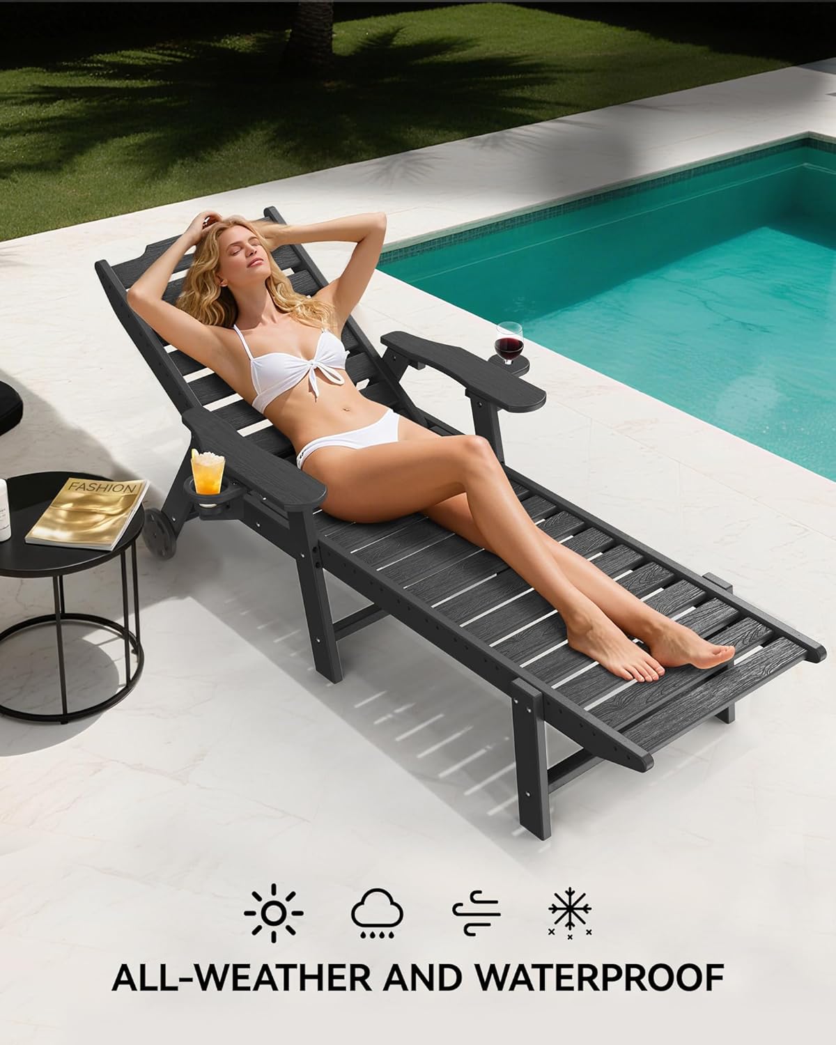Carauci Lounge Chair Outdoor, HDPE Chaise Lounge with Wheels, 5-Position Adjustable Backrest & 2 Cup Holders Patio Lounge Chair, All-Weather Pool Sun Lounger for Poolside, Backyard, Black