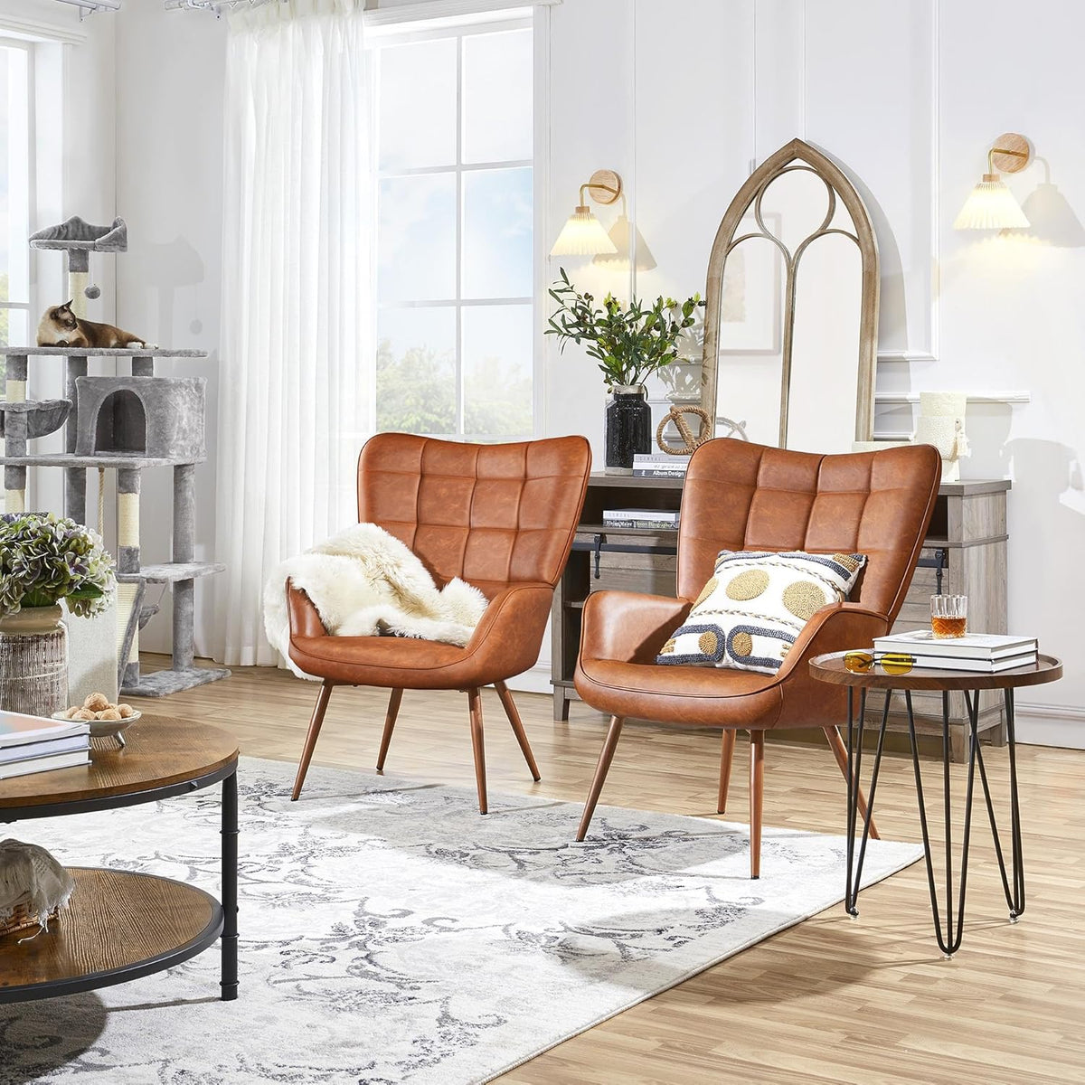 Yaheetech Accent Chairs, Large PU Leather High-Back Chair w/Metal Legs, Pottery Barn Style Living Room Chairs for Bedroom/Home Office, Brown, Set of 2