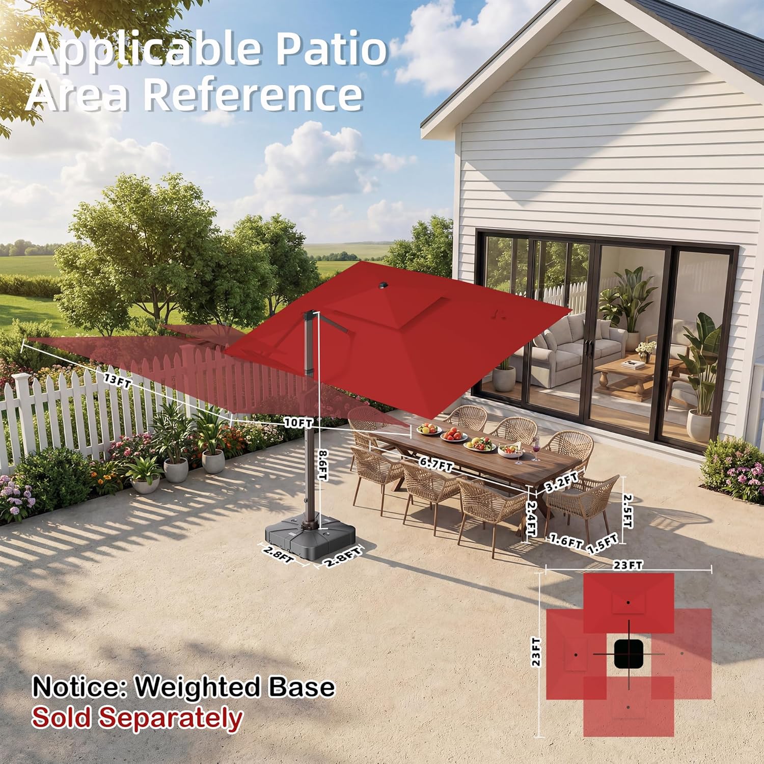 10' X 13' Patio Umbrella with LED Lights Outdoor Cantilever Large Rectangle Offset Umbrellas Heavy Duty Aluminum Double Top with 360-degree Rotation for Pool Garden Deck, Red